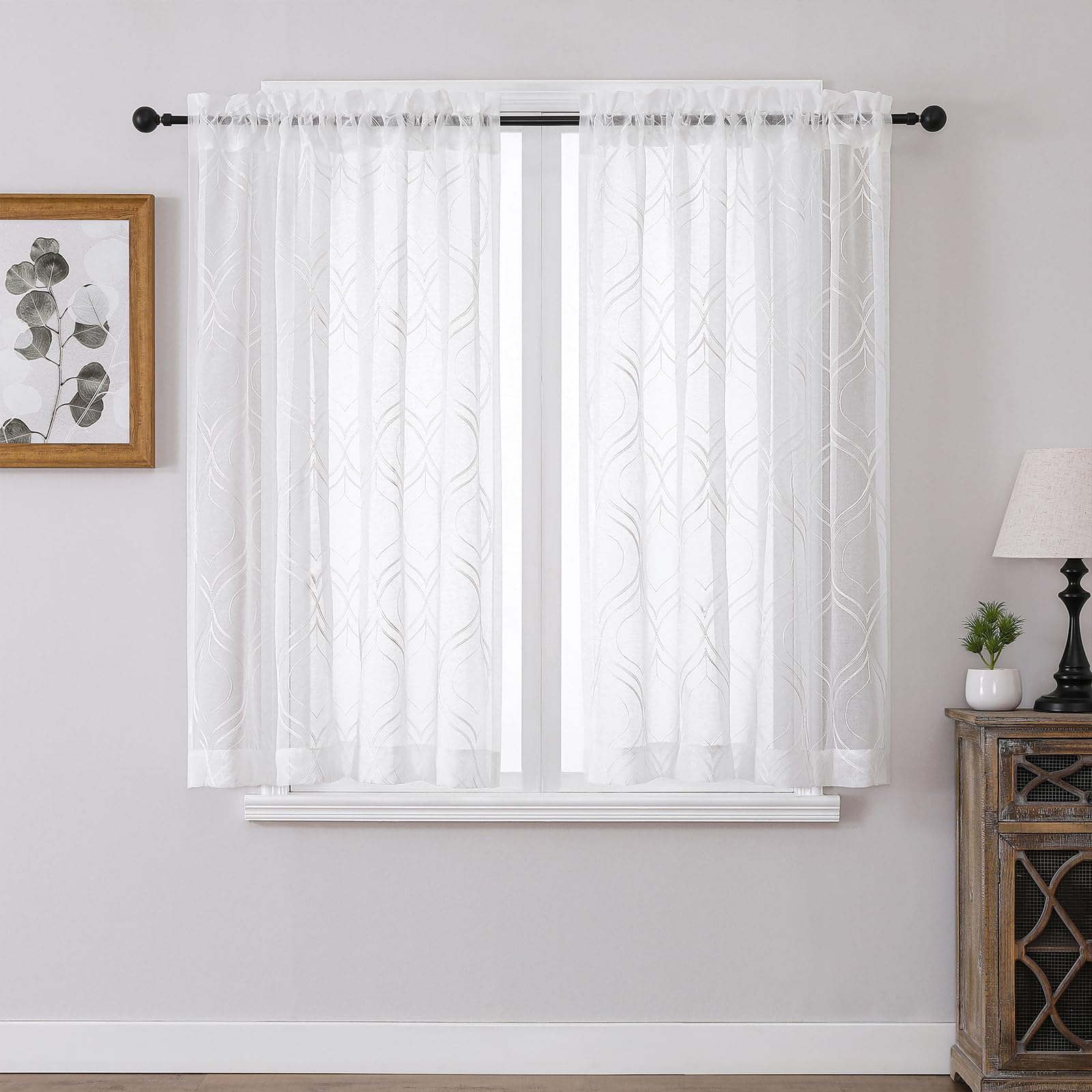VISIONTEX White Sheer Curtains 84 Inches Long 2 Panels, Light Filtering Grey Moroccan Trellis Embroidered Semi Sheer Voile Drapes, Rod Pocket Textured Window Curtain for Bedroom Living Room 54W x 84L