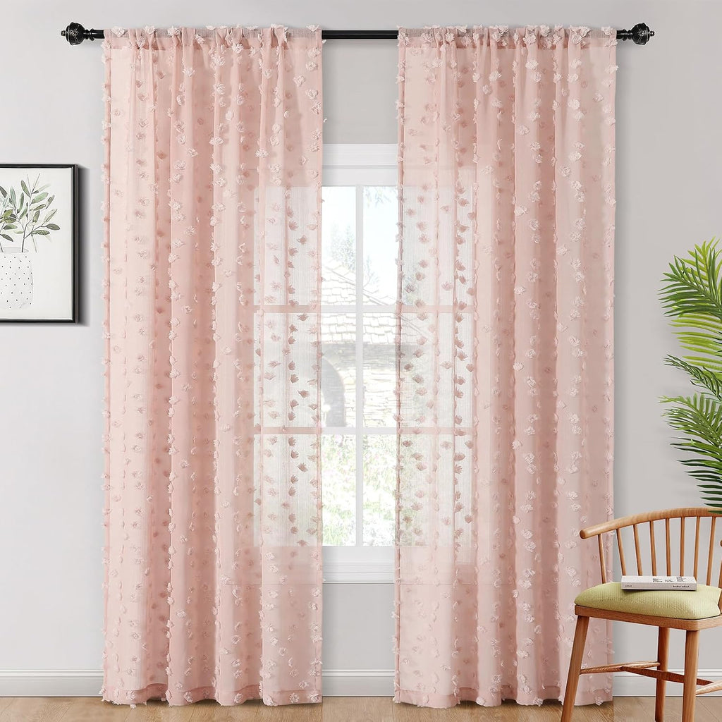 2 Panels 52"W x 84"L Dusty Rose Pom Pom Sheer Curtains Rod Pocket Light Filtering Boho Window Drapes for Girls Bedroom Nursery Kids Room