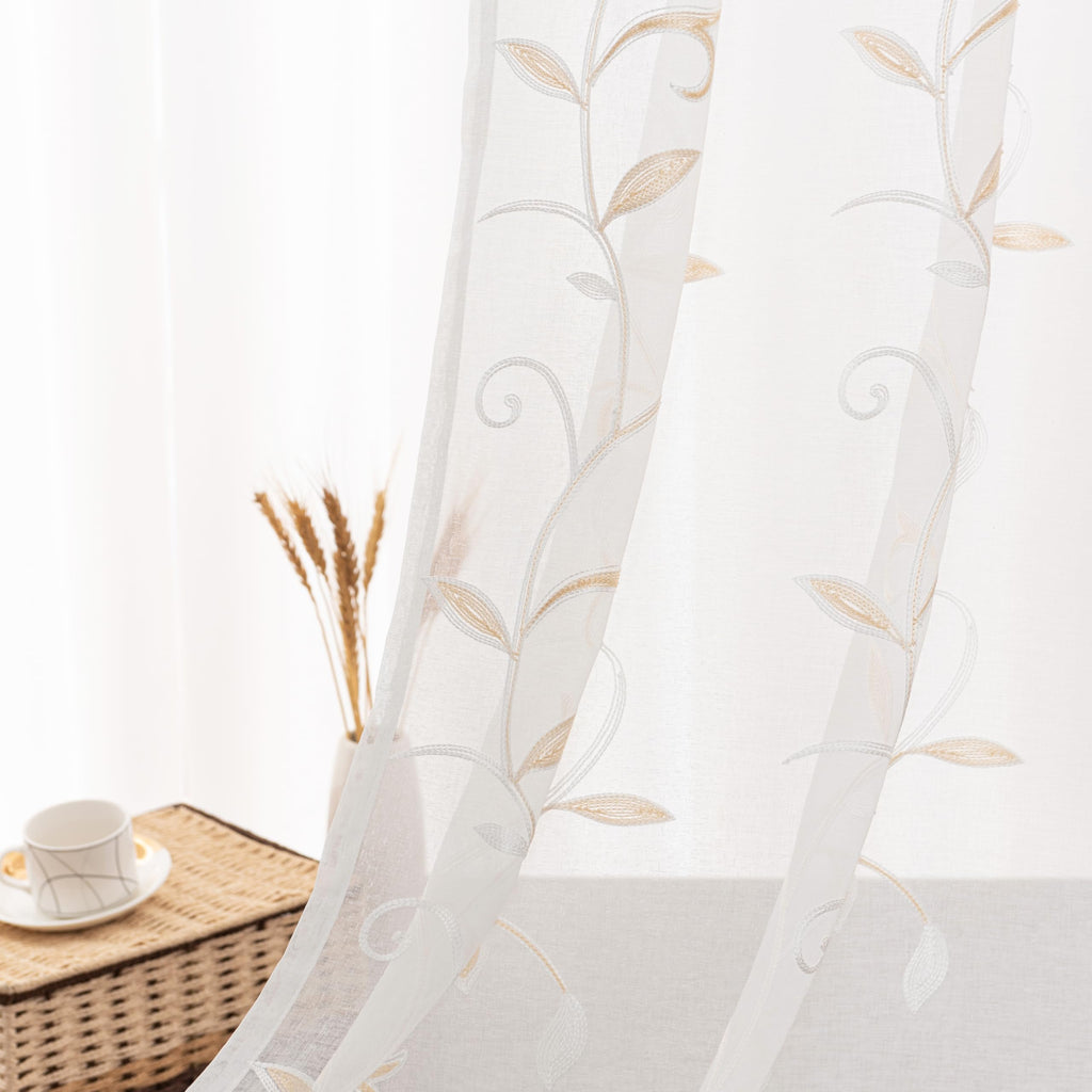 VISIONTEX 2 Panels Sheer Curtains 84 Inches Long, Cream Beige Floral Leaf Embroidered Semi Sheer Voile Curtains, Rod Pocket Light Filtering Window Drapes for Bedroom Living Room 54W x 84L