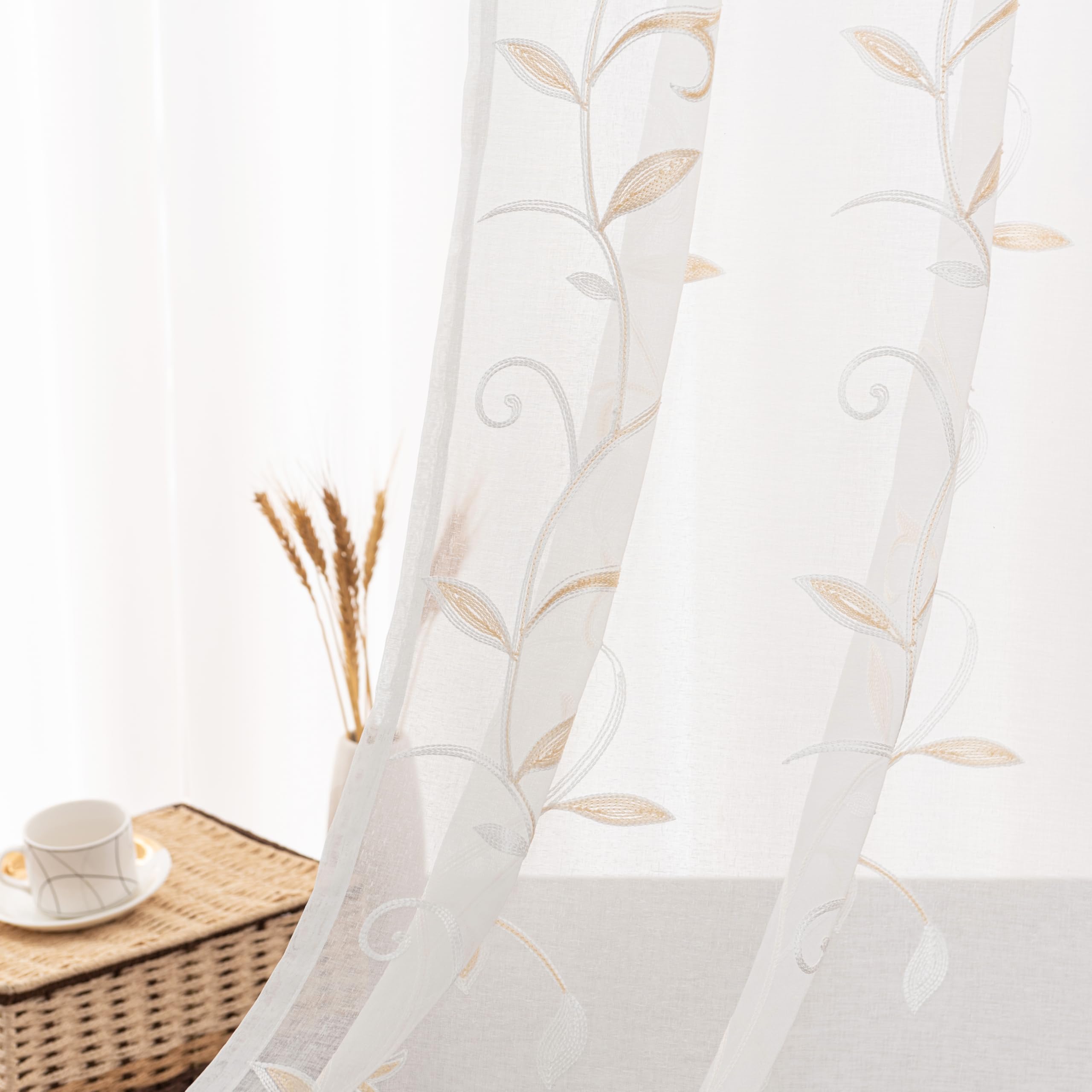 VISIONTEX 2 Panels Sheer Curtains 84 Inches Long, Cream Beige Floral Leaf Embroidered Semi Sheer Voile Curtains, Rod Pocket Light Filtering Window Drapes for Bedroom Living Room 54W x 84L