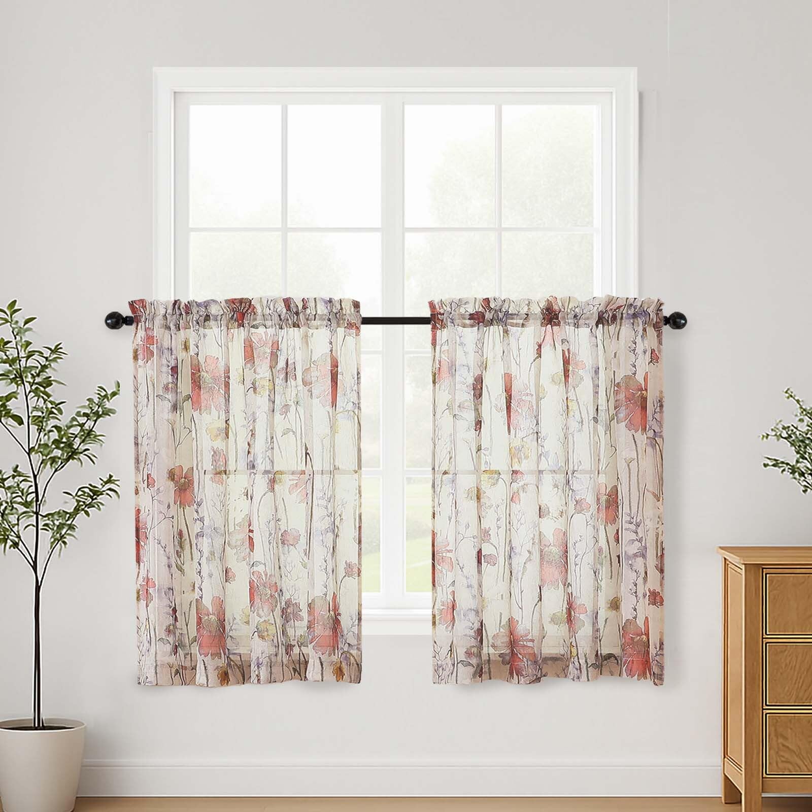 Lecloud Crushed Sheer Curtains 84 Inches Long 2 Panels, Airy Light Filtering Voile Floral Curtains for Living Room, Rod Pocket Romantic Window Curtain Drapes for Bedroom Dining Room, 42" W x 84" L