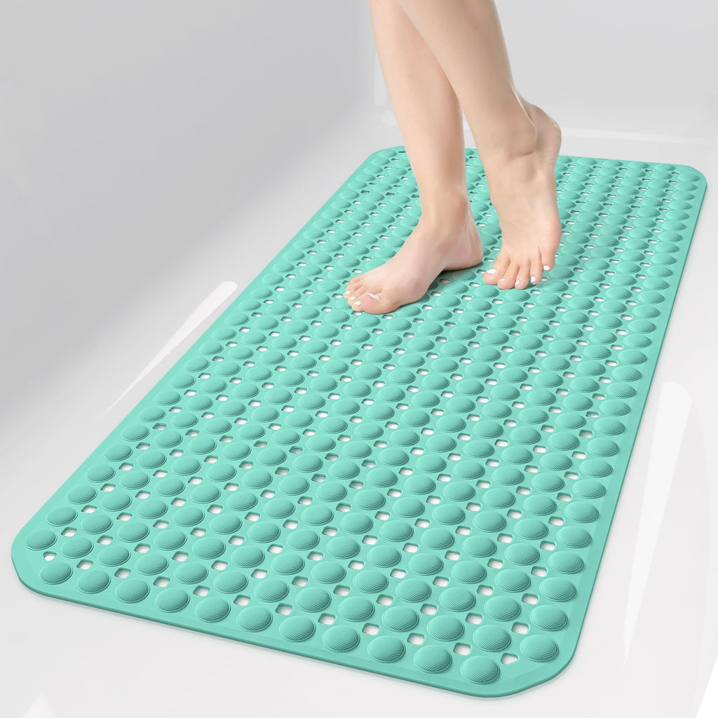 35x16 Inch Grey Non Slip Bathtub Shower Mat with Suction Cups Drain Holes Foot Scrubber Machine Washable Bathroom Floor Liner