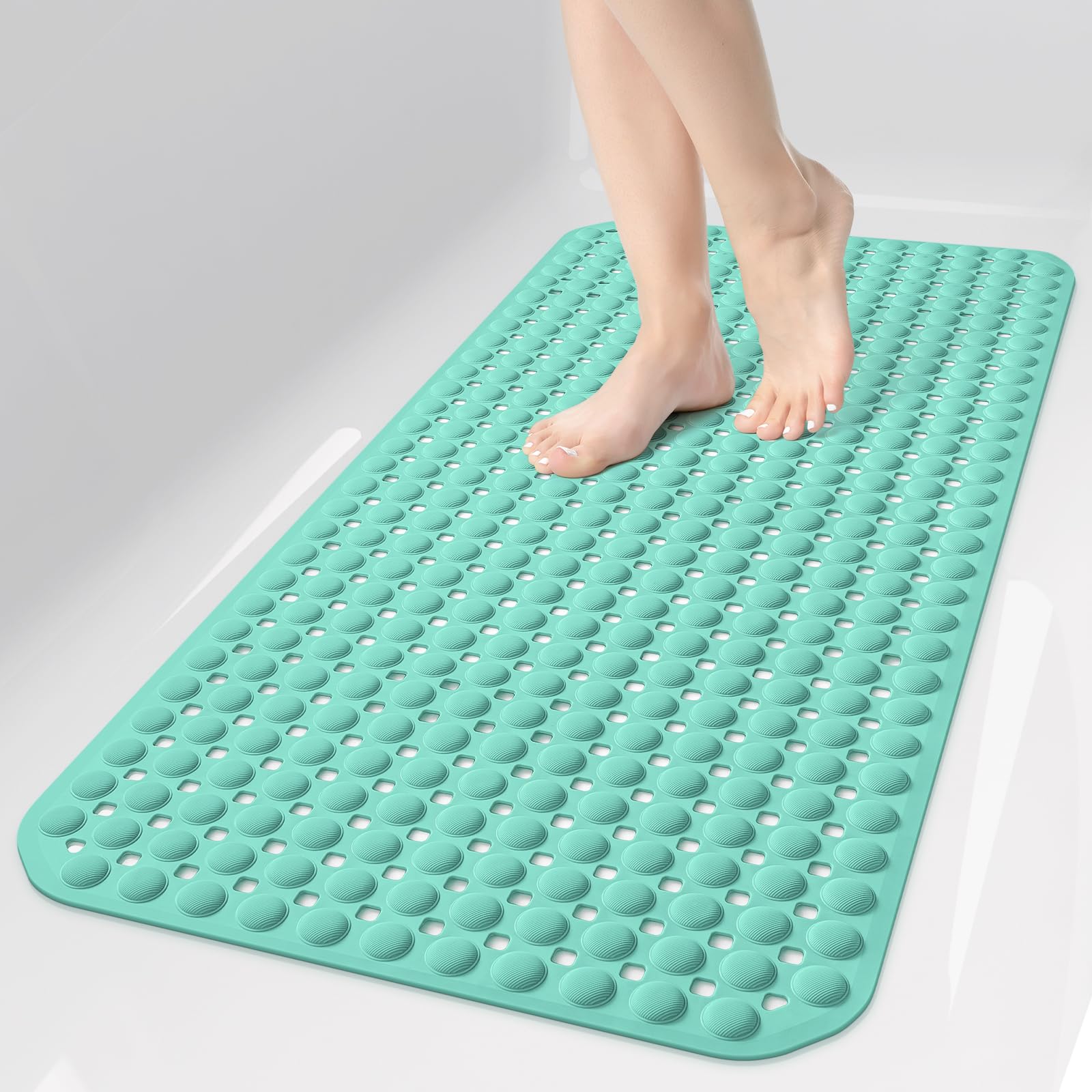 35x16 Inch Grey Non Slip Bathtub Shower Mat with Suction Cups Drain Holes Foot Scrubber Machine Washable Bathroom Floor Liner