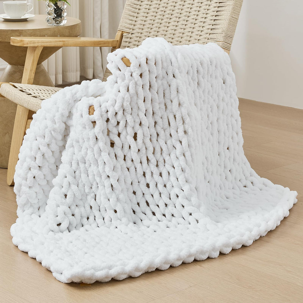 Bigacogo Chunky Knit Throw Blanket for Couch, 40x40 inches, 100% Hand Knitted with Thick Jumbo Chenille Yarn, Cozy Soft Large Rope Knot Cable Crochet Blankets for Sofa Bed Living Room, Dusty Blue