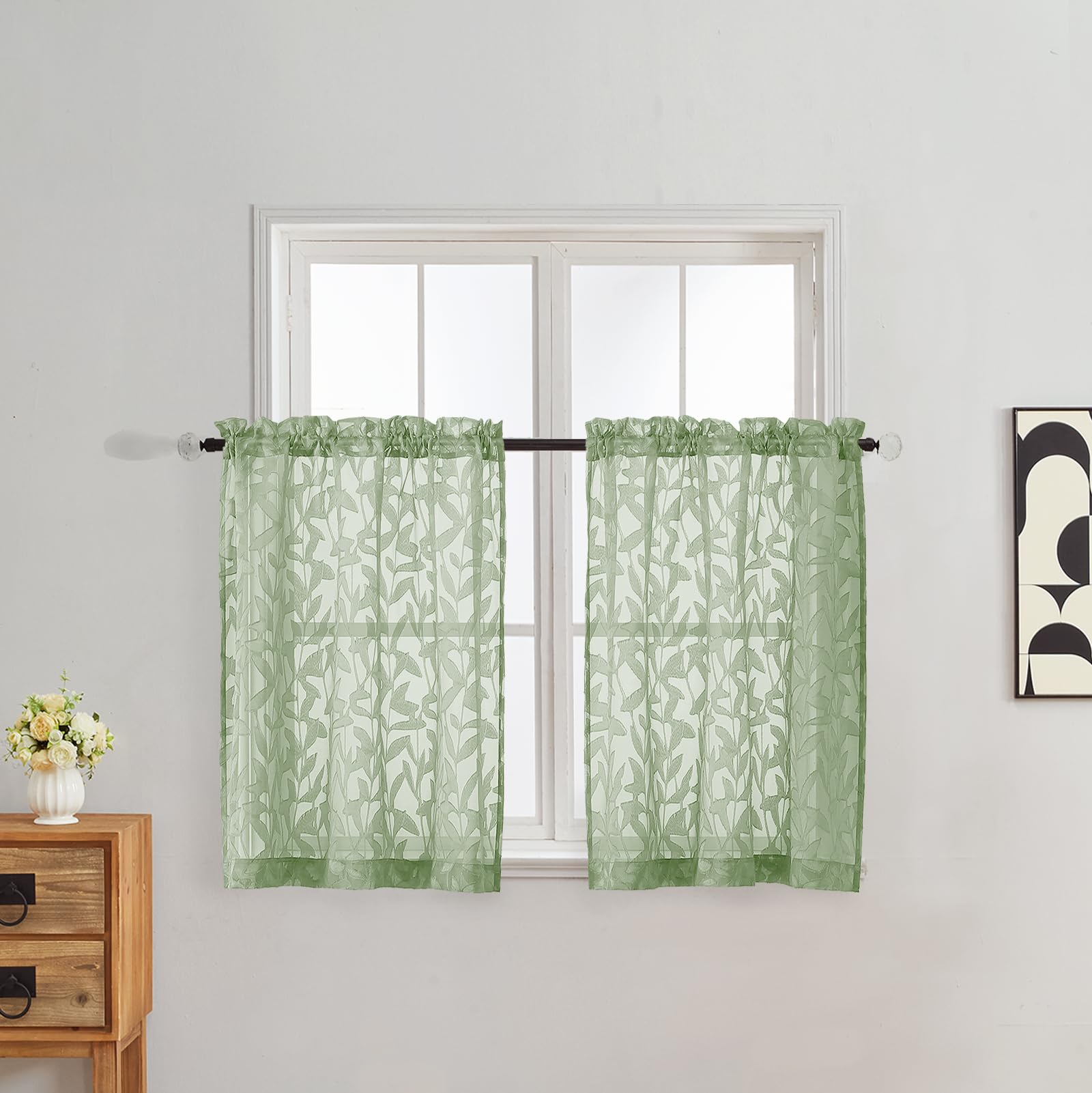 Gwine Sage Green Curtains 84 Inches Long 2 Panels Set, Light Filtering Soft Lightweight Sheer Curtains, Leaf Clip Jacquard Textured Curtain for Bedroom Living Room, 42Wx84L Inches, 2PCS