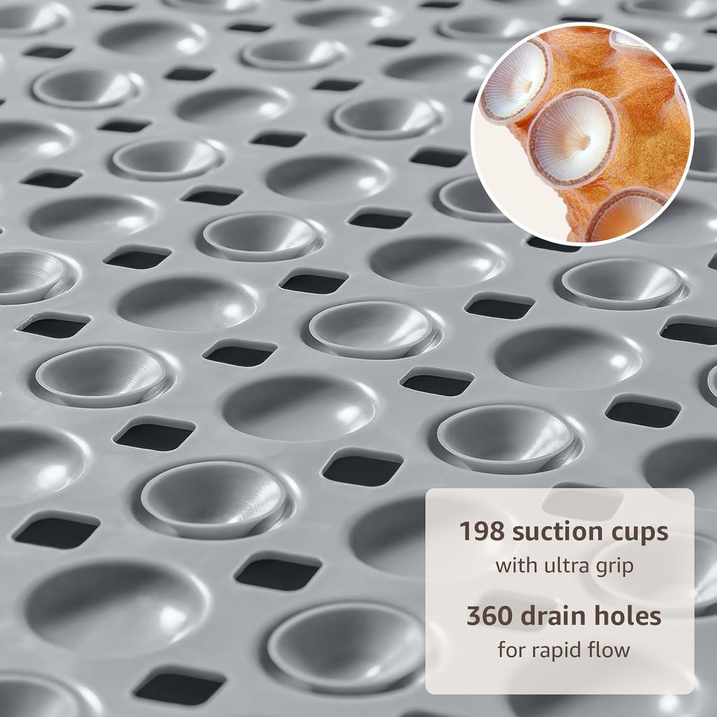 35x16 Inch Grey Non Slip Bathtub Shower Mat with Suction Cups Drain Holes Foot Scrubber Machine Washable Bathroom Floor Liner