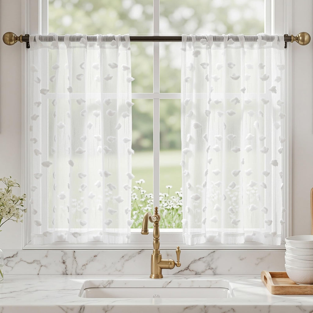 2 Panels 52"W x 84"L Dusty Rose Pom Pom Sheer Curtains Rod Pocket Light Filtering Boho Window Drapes for Girls Bedroom Nursery Kids Room