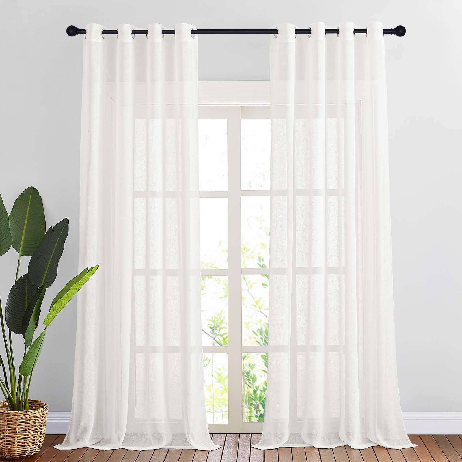 NICETOWN Linen Textured Semi Sheer Curtains 84 inches Length, Eyelet Top Bedroom Window Privacy Translucent Light Filtering Flax Sheer Drapes for Guest Room, 52 inches Wide, 2 Panels, Sea Mist