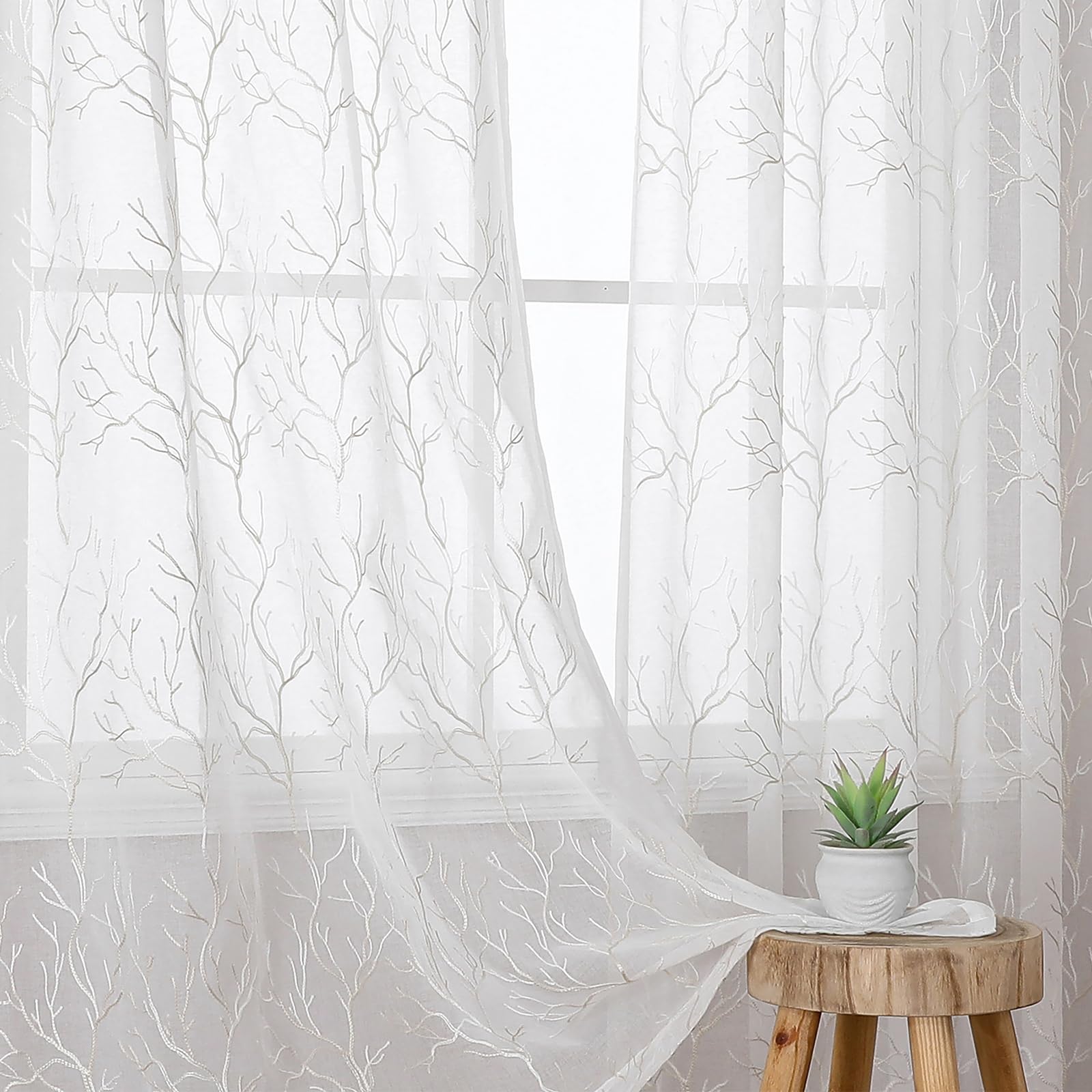 VISIONTEX 2 Panels Sheer Curtains 84 Inches Long, Cream Beige Floral Leaf Embroidered Semi Sheer Voile Curtains, Rod Pocket Light Filtering Window Drapes for Bedroom Living Room 54W x 84L