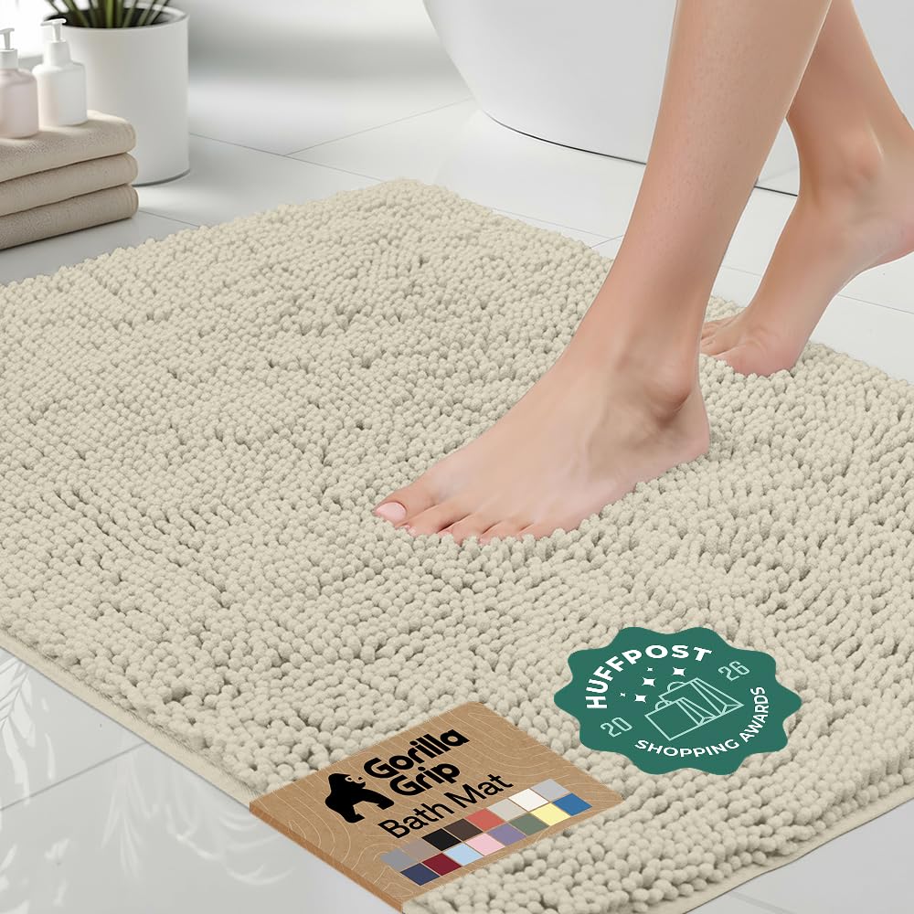 GORILLA GRIP Bath Rug Mat, Thick Soft Absorbent Chenille, Quick Dry Microfiber Mats, Rubber Backing, Machine Washable Shower Floor Rugs, Bathroom Bathmat Home Decor Accessories, 24x17 Grey