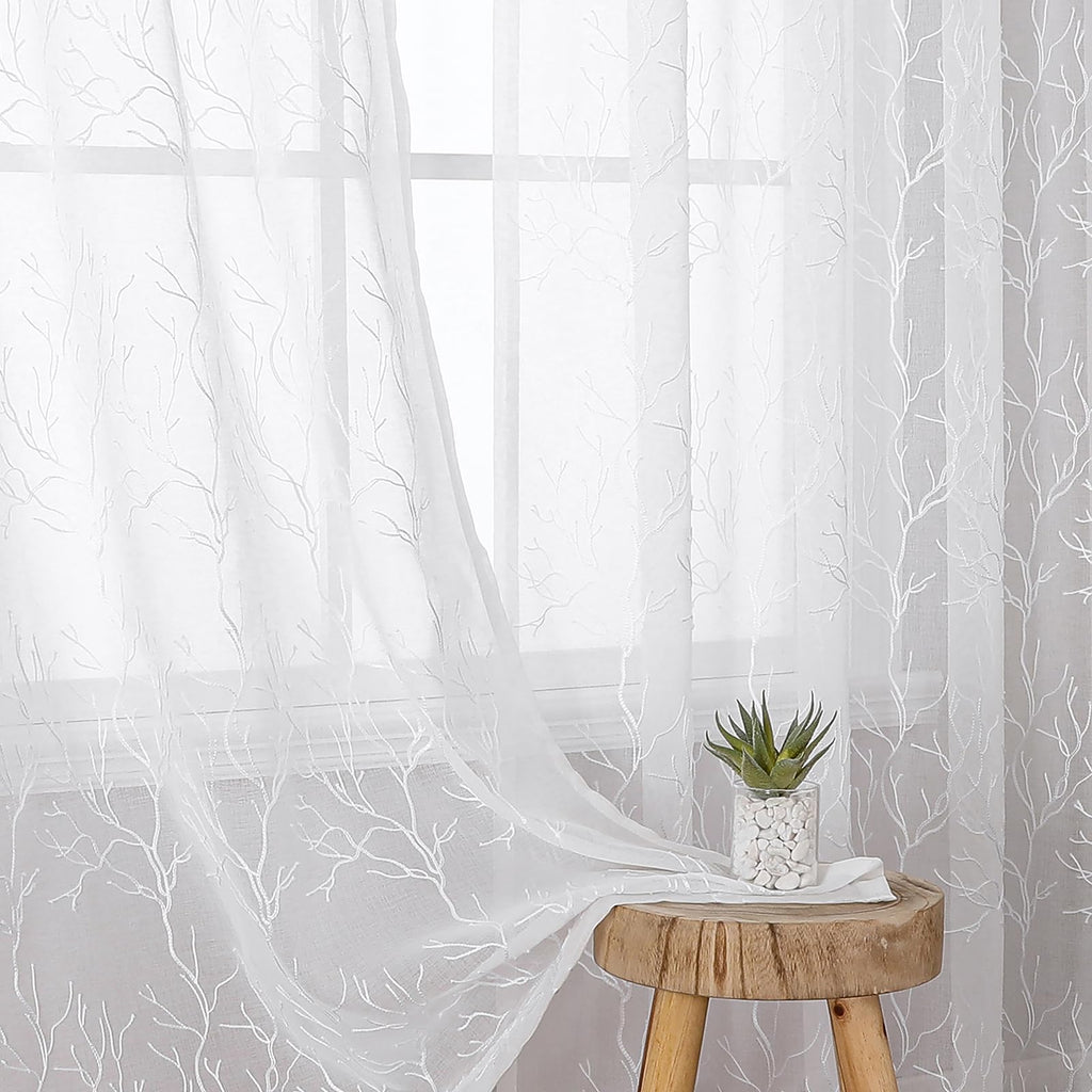 VISIONTEX 2 Panels Sheer Curtains 84 Inches Long, Cream Beige Floral Leaf Embroidered Semi Sheer Voile Curtains, Rod Pocket Light Filtering Window Drapes for Bedroom Living Room 54W x 84L