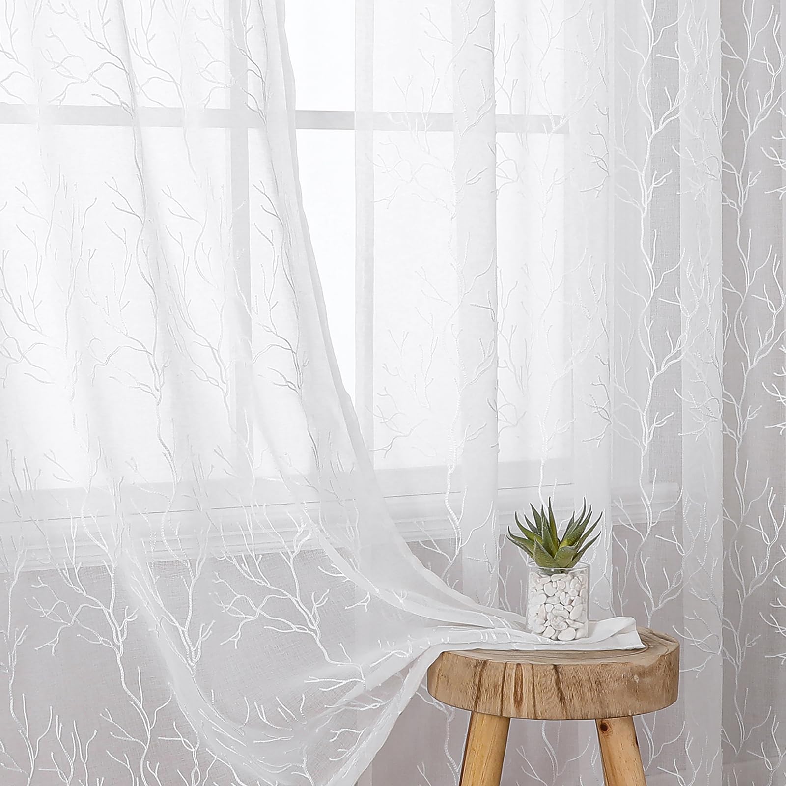 VISIONTEX 2 Panels Sheer Curtains 84 Inches Long, Cream Beige Floral Leaf Embroidered Semi Sheer Voile Curtains, Rod Pocket Light Filtering Window Drapes for Bedroom Living Room 54W x 84L