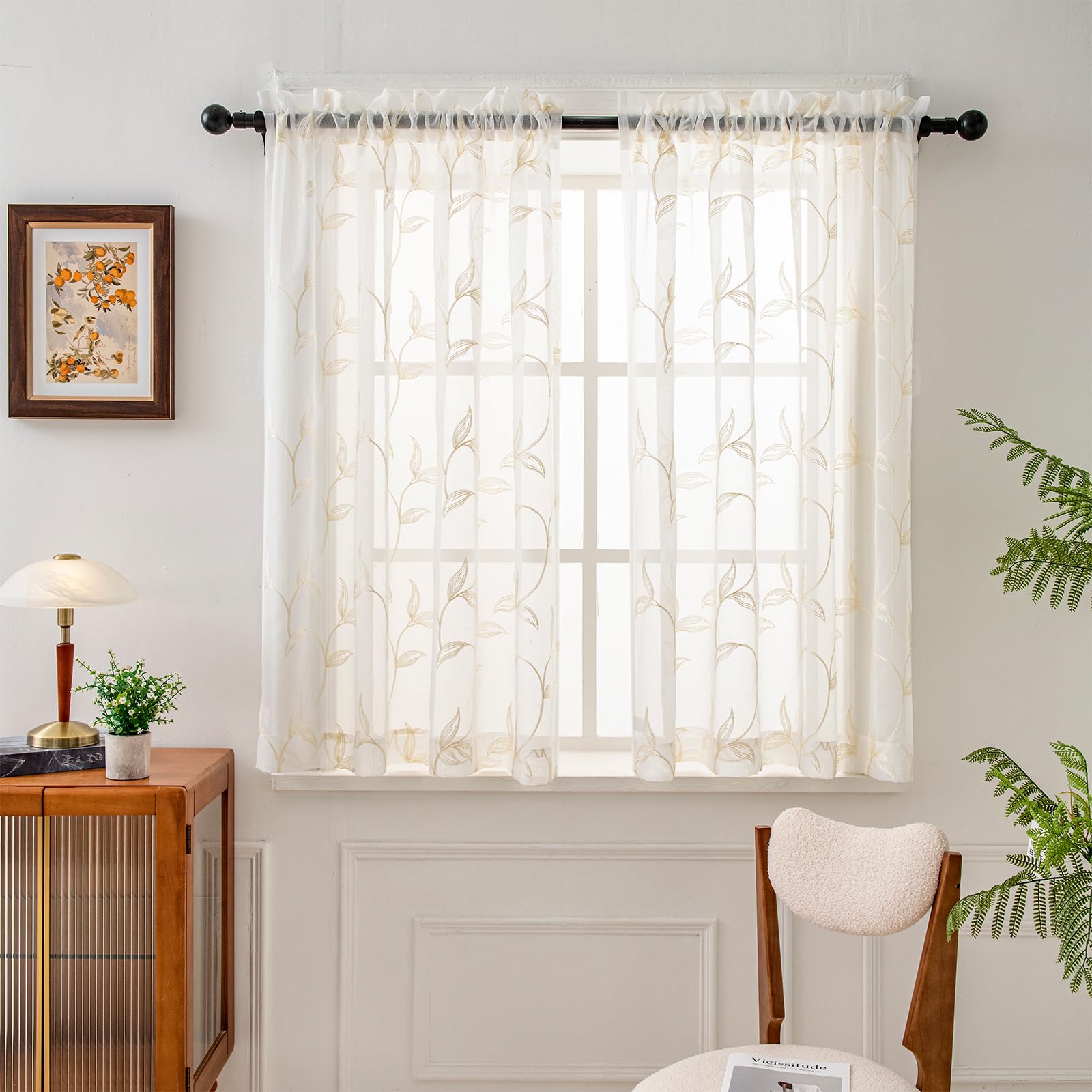 VISIONTEX 2 Panels Sheer Curtains 84 Inches Long, Cream Beige Floral Leaf Embroidered Semi Sheer Voile Curtains, Rod Pocket Light Filtering Window Drapes for Bedroom Living Room 54W x 84L