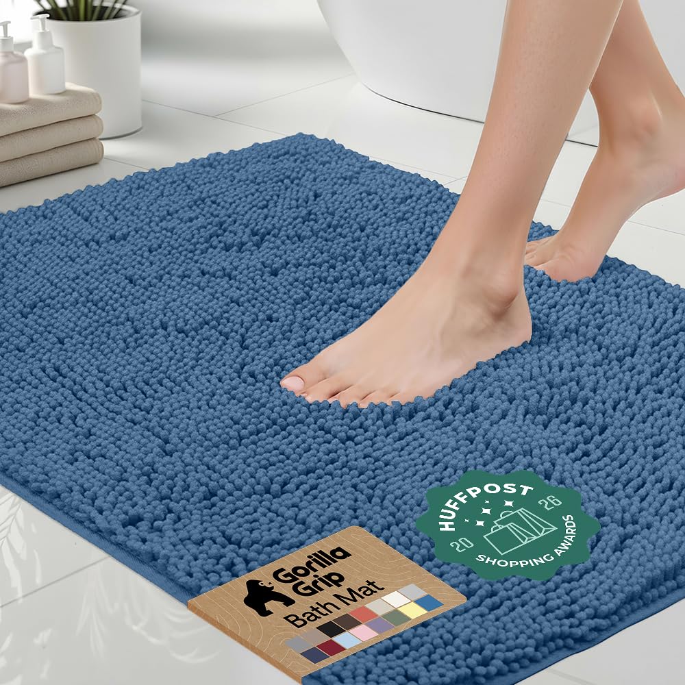 GORILLA GRIP Bath Rug Mat, Thick Soft Absorbent Chenille, Quick Dry Microfiber Mats, Rubber Backing, Machine Washable Shower Floor Rugs, Bathroom Bathmat Home Decor Accessories, 24x17 Grey