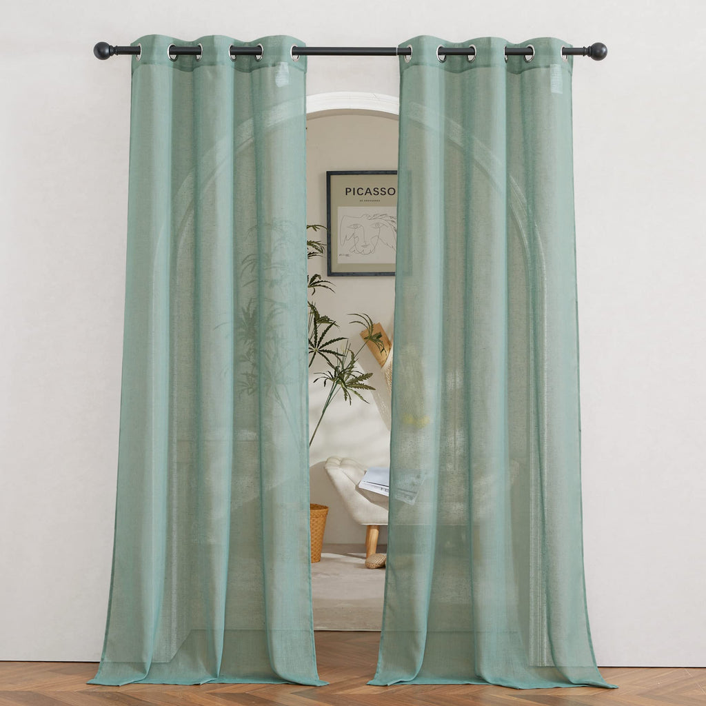 NICETOWN Linen Textured Semi Sheer Curtains 84 inches Length, Eyelet Top Bedroom Window Privacy Translucent Light Filtering Flax Sheer Drapes for Guest Room, 52 inches Wide, 2 Panels, Sea Mist