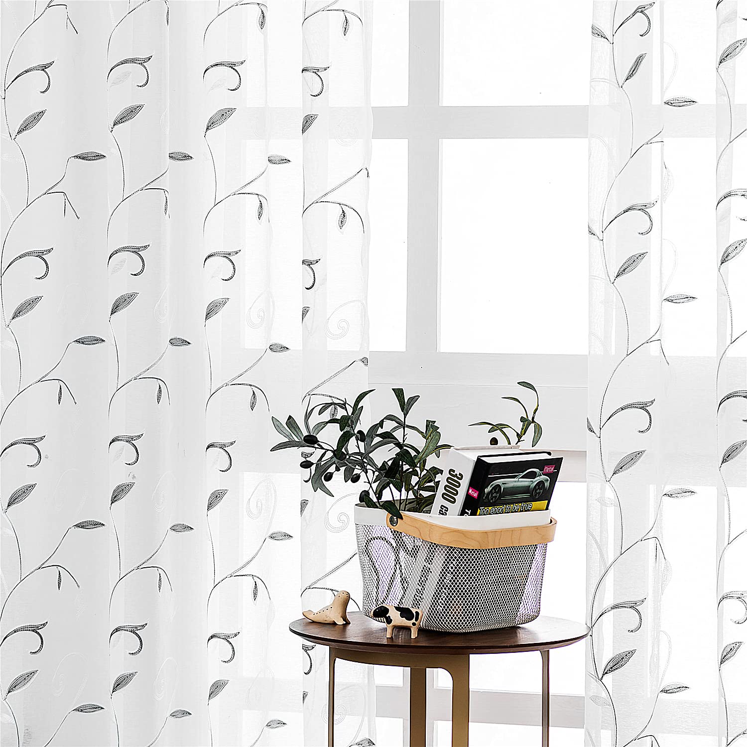 VISIONTEX 2 Panels Sheer Curtains 84 Inches Long, Cream Beige Floral Leaf Embroidered Semi Sheer Voile Curtains, Rod Pocket Light Filtering Window Drapes for Bedroom Living Room 54W x 84L