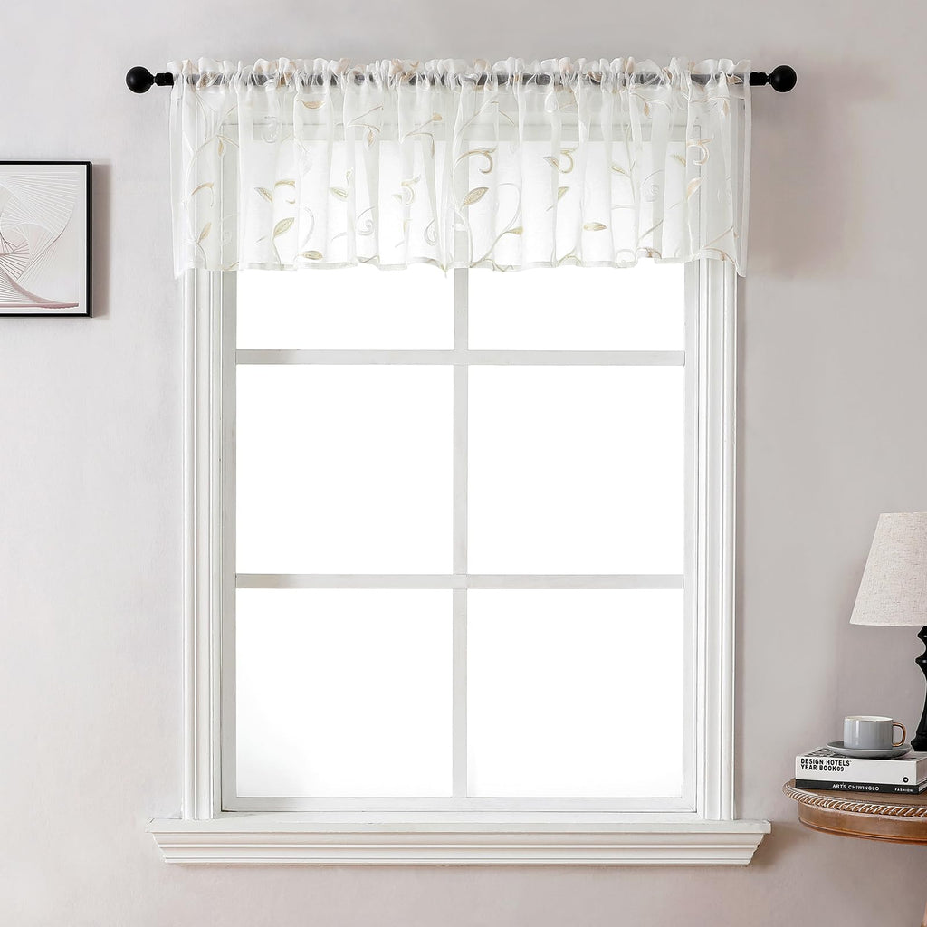 VISIONTEX 2 Panels Sheer Curtains 84 Inches Long, Cream Beige Floral Leaf Embroidered Semi Sheer Voile Curtains, Rod Pocket Light Filtering Window Drapes for Bedroom Living Room 54W x 84L