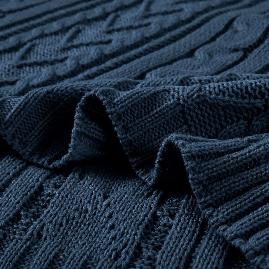 Aormenzy Navy Blue Cable Knit Throw Blanket Queen Size for Bed Couch Sofa, Super Soft Cozy Knitted Blanket 90" x 90" Bed Blankets Full Size
