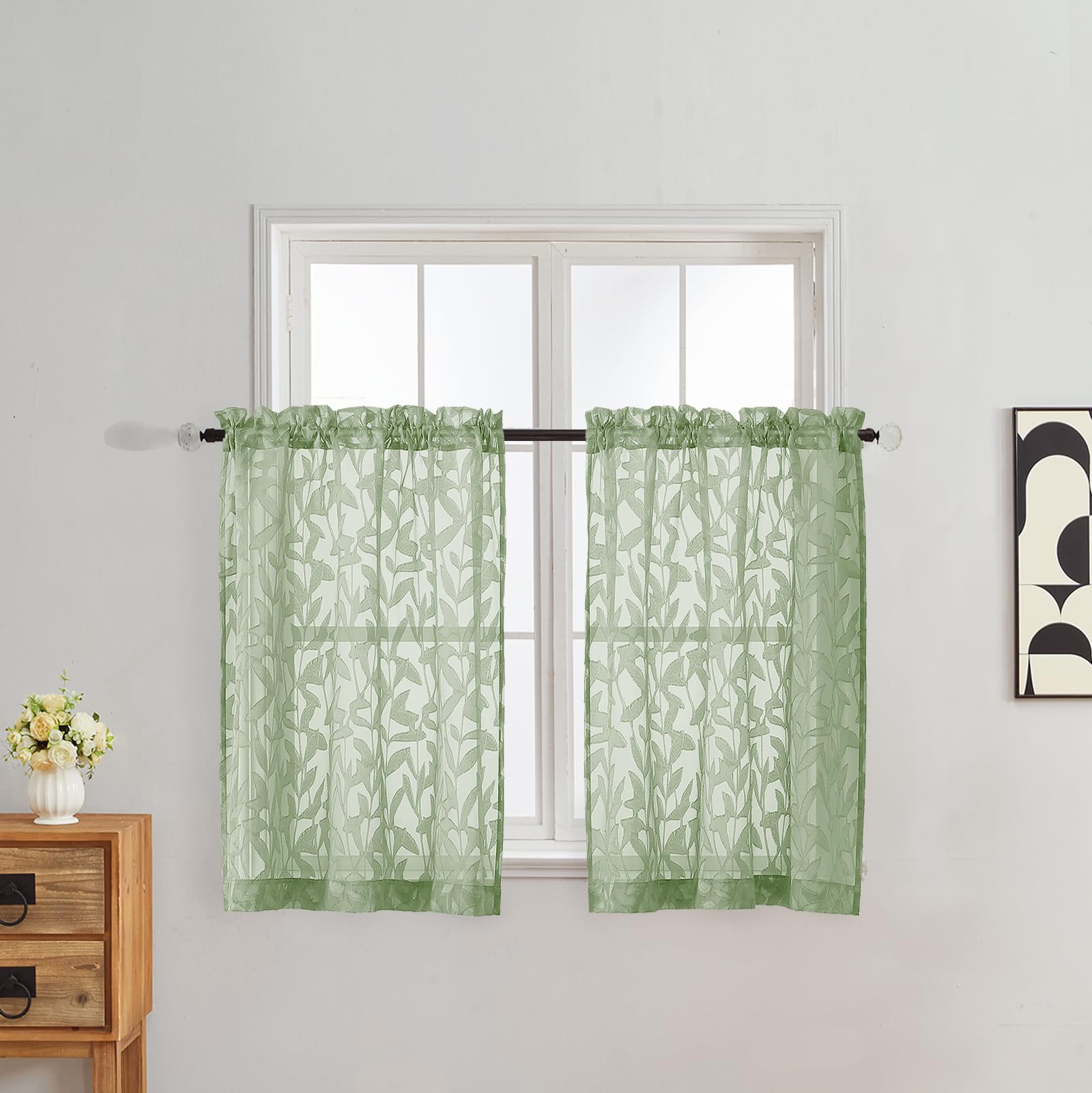 Gwine Sage Green Curtains 84 Inches Long 2 Panels Set, Light Filtering Soft Lightweight Sheer Curtains, Leaf Clip Jacquard Textured Curtain for Bedroom Living Room, 42Wx84L Inches, 2PCS