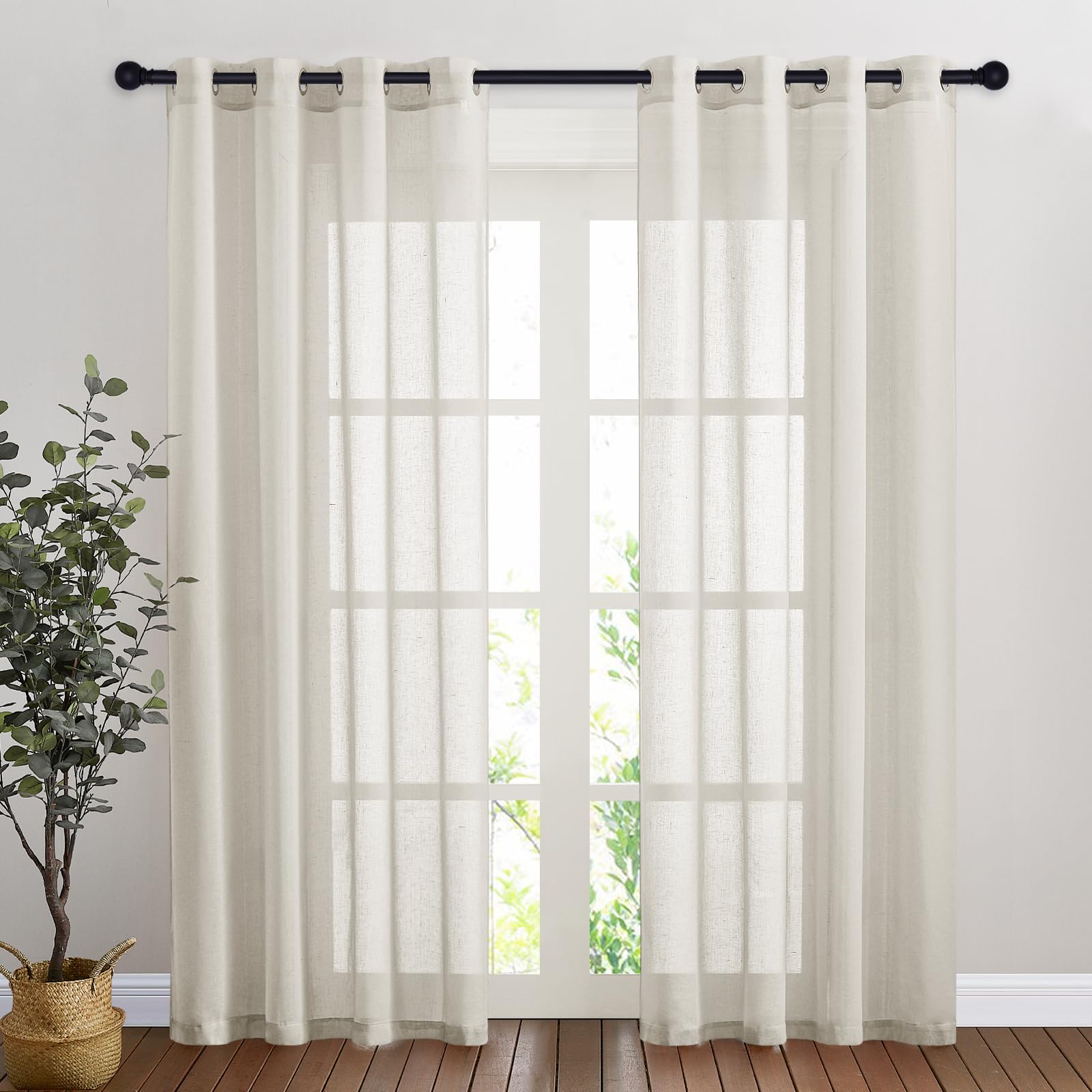 NICETOWN Linen Textured Semi Sheer Curtains 84 inches Length, Eyelet Top Bedroom Window Privacy Translucent Light Filtering Flax Sheer Drapes for Guest Room, 52 inches Wide, 2 Panels, Sea Mist