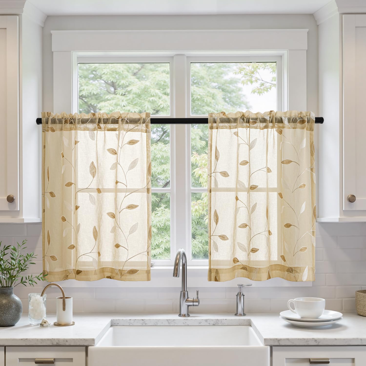 MIULEE Sage Green Sheer Curtains 2 Panels Embroidered Leaf Patterned Rod Pocket Floral Semi Sheer Faux Linen Window Curtains Drapes Set for Living Room Bedroom Dining Room, 52x84 Inches Long