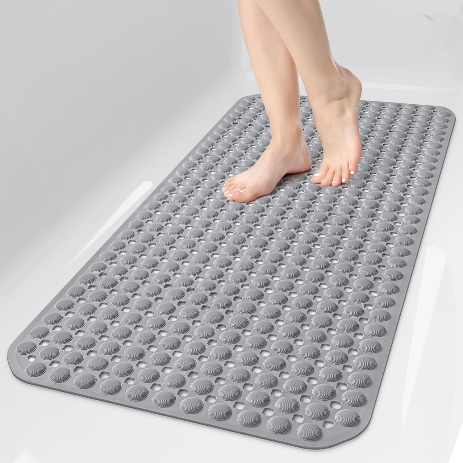 35x16 Inch Grey Non Slip Bathtub Shower Mat with Suction Cups Drain Holes Foot Scrubber Machine Washable Bathroom Floor Liner