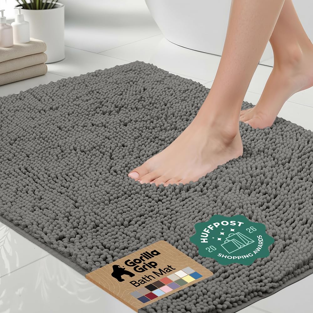 GORILLA GRIP Bath Rug Mat, Thick Soft Absorbent Chenille, Quick Dry Microfiber Mats, Rubber Backing, Machine Washable Shower Floor Rugs, Bathroom Bathmat Home Decor Accessories, 24x17 Grey