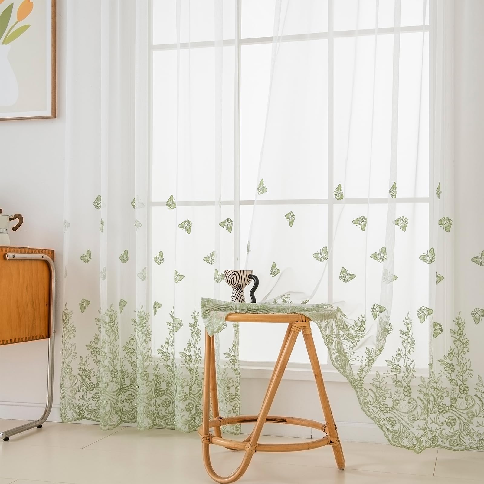 VISIONTEX 2 Panels Sheer Curtains 84 Inches Long, Cream Beige Floral Leaf Embroidered Semi Sheer Voile Curtains, Rod Pocket Light Filtering Window Drapes for Bedroom Living Room 54W x 84L