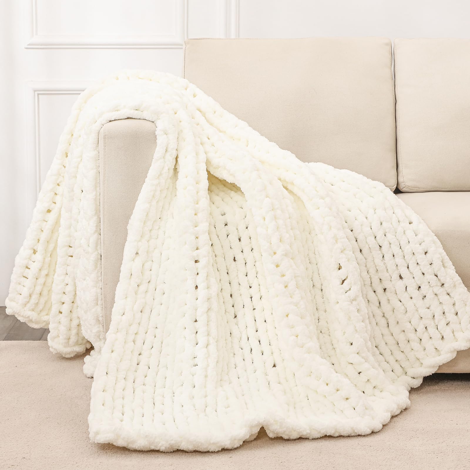 Bigacogo Chunky Knit Throw Blanket for Couch, 40x40 inches, 100% Hand Knitted with Thick Jumbo Chenille Yarn, Cozy Soft Large Rope Knot Cable Crochet Blankets for Sofa Bed Living Room, Dusty Blue