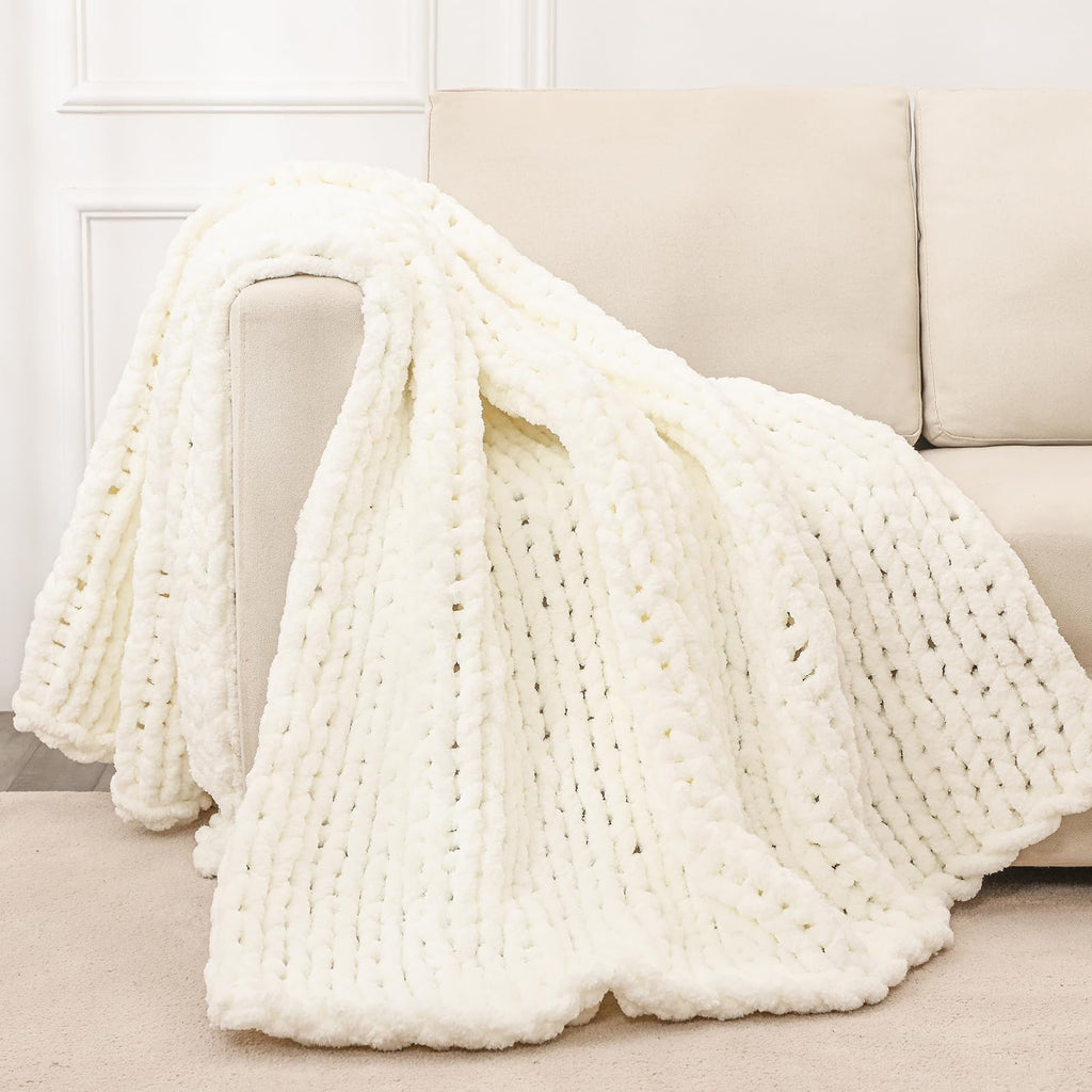 Bigacogo Chunky Knit Throw Blanket for Couch, 40x60 inches, 100% Hand Knitted with Thick Jumbo Chenille Yarn, Cozy Soft Large Rope Knot Cable Crochet Blankets for Sofa Bed Living Room, Beige
