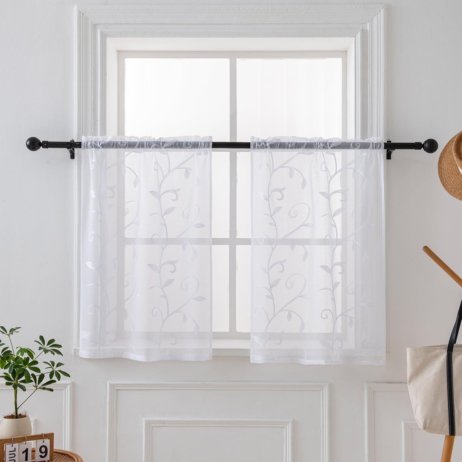 VISIONTEX 2 Panels Sheer Curtains 84 Inches Long, Cream Beige Floral Leaf Embroidered Semi Sheer Voile Curtains, Rod Pocket Light Filtering Window Drapes for Bedroom Living Room 54W x 84L