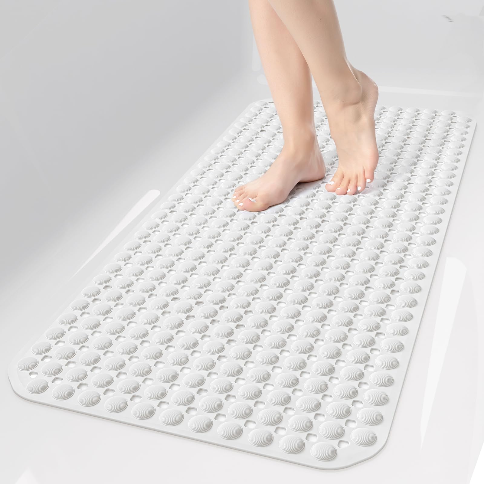 35x16 Inch Grey Non Slip Bathtub Shower Mat with Suction Cups Drain Holes Foot Scrubber Machine Washable Bathroom Floor Liner