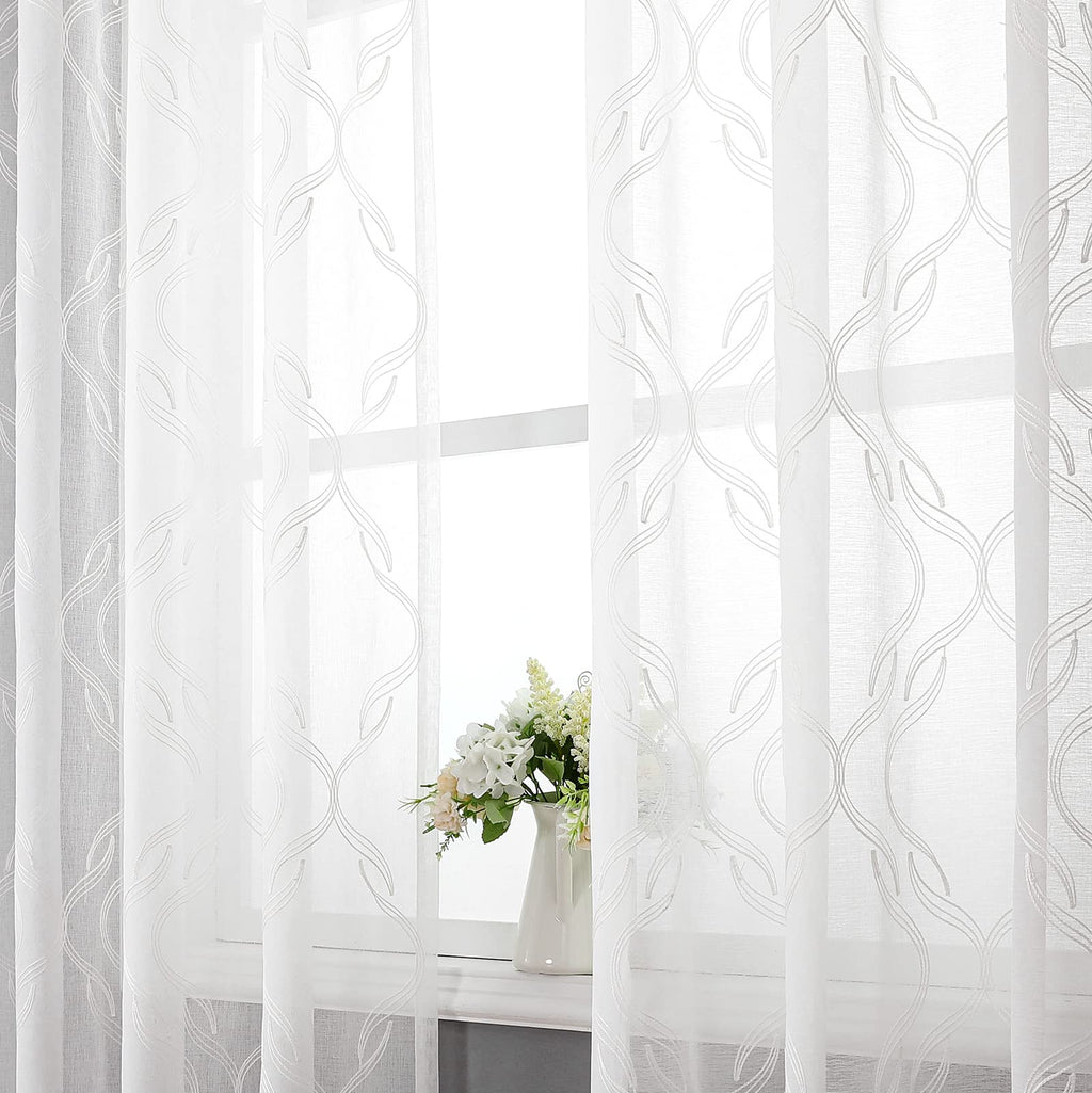 VISIONTEX White Sheer Curtains 84 Inches Long 2 Panels, Light Filtering Grey Moroccan Trellis Embroidered Semi Sheer Voile Drapes, Rod Pocket Textured Window Curtain for Bedroom Living Room 54W x 84L