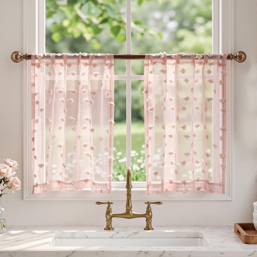 2 Panels 52"W x 84"L Dusty Rose Pom Pom Sheer Curtains Rod Pocket Light Filtering Boho Window Drapes for Girls Bedroom Nursery Kids Room