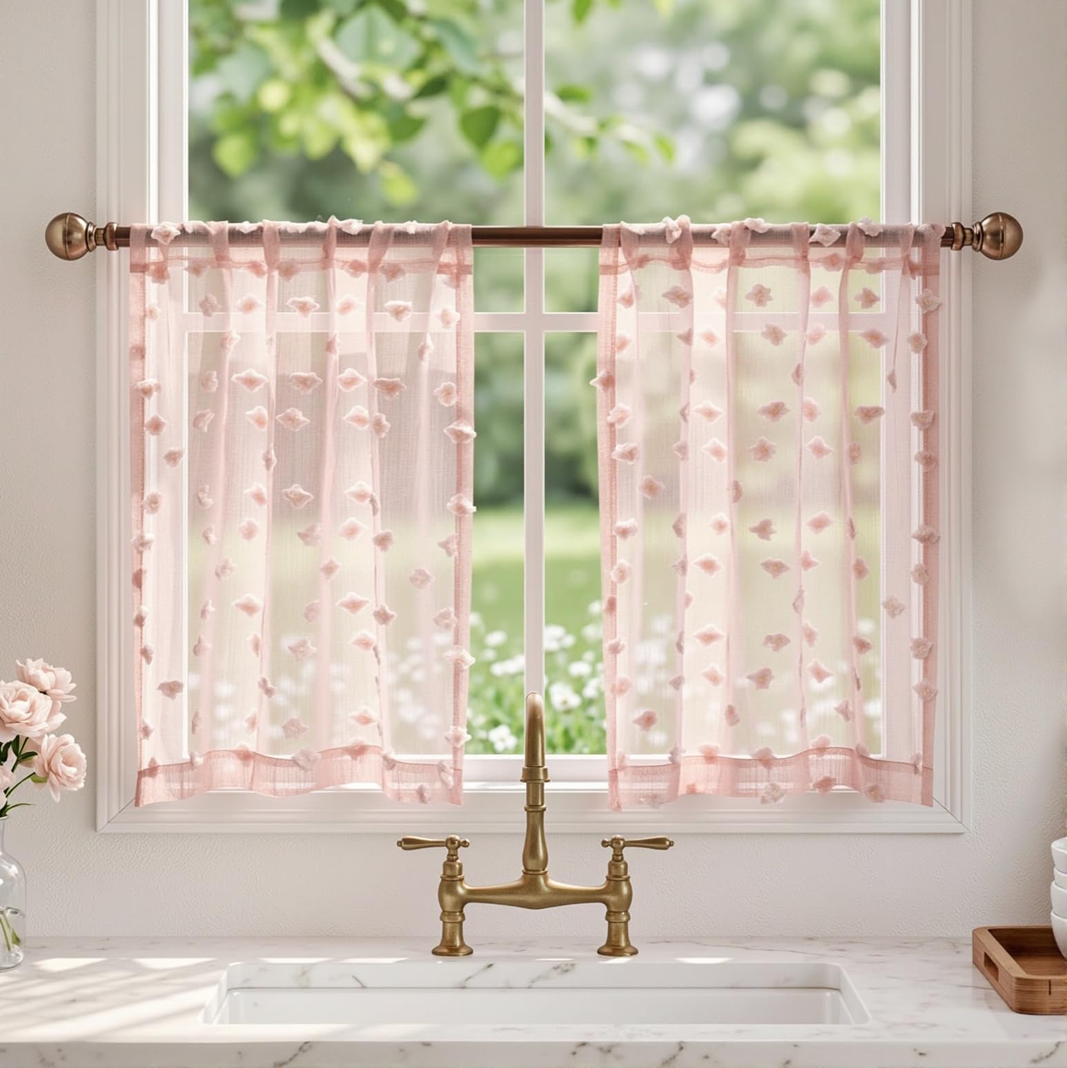 2 Panels 52"W x 84"L Dusty Rose Pom Pom Sheer Curtains Rod Pocket Light Filtering Boho Window Drapes for Girls Bedroom Nursery Kids Room