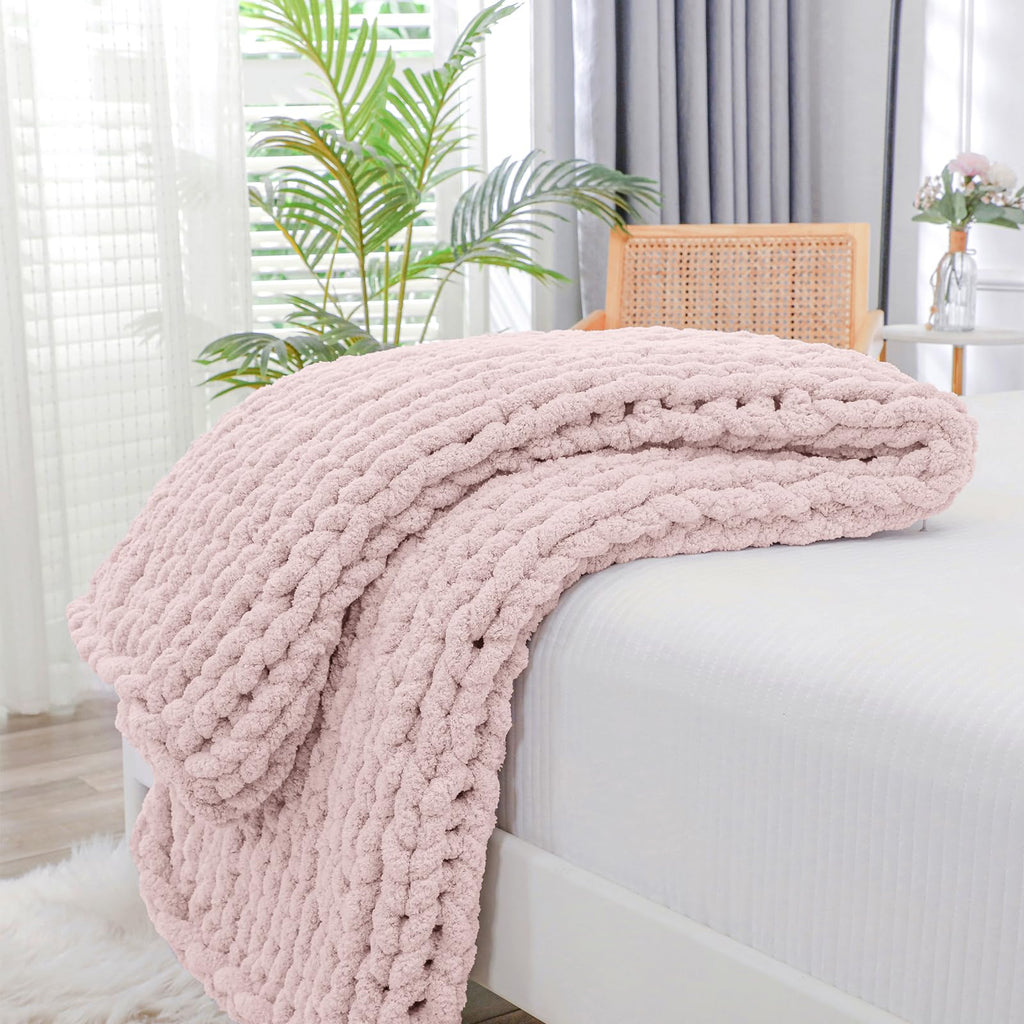Bigacogo Chunky Knit Throw Blanket for Couch, 40x40 inches, 100% Hand Knitted with Thick Jumbo Chenille Yarn, Cozy Soft Large Rope Knot Cable Crochet Blankets for Sofa Bed Living Room, Dusty Blue
