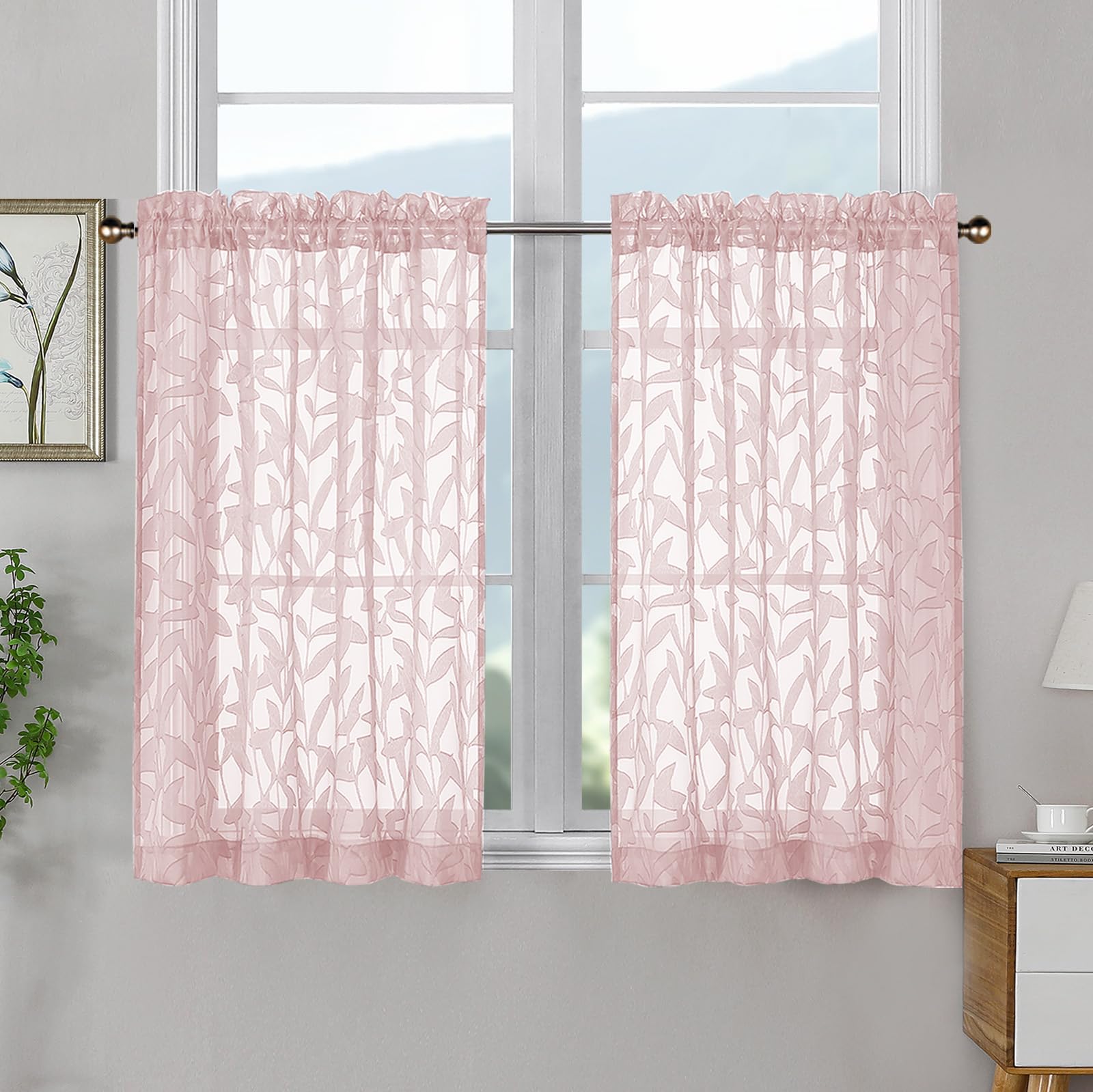 OWENIE Leyna 2 Panels Sage Green Sheer Curtains 63 Inch Length for Bedroom, Soft Lightweight Jacquard Clip Window Curtain for Living Room, Double Rod Pockets Textured Drapes, Each 40Wx63L Inches