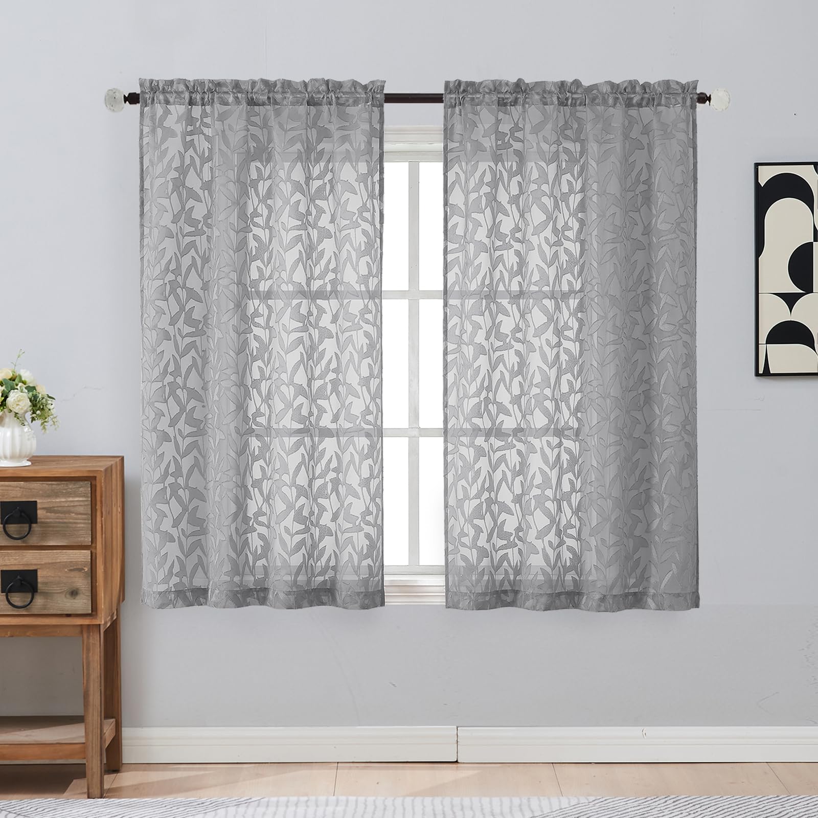Gwine Sage Green Curtains 84 Inches Long 2 Panels Set, Light Filtering Soft Lightweight Sheer Curtains, Leaf Clip Jacquard Textured Curtain for Bedroom Living Room, 42Wx84L Inches, 2PCS