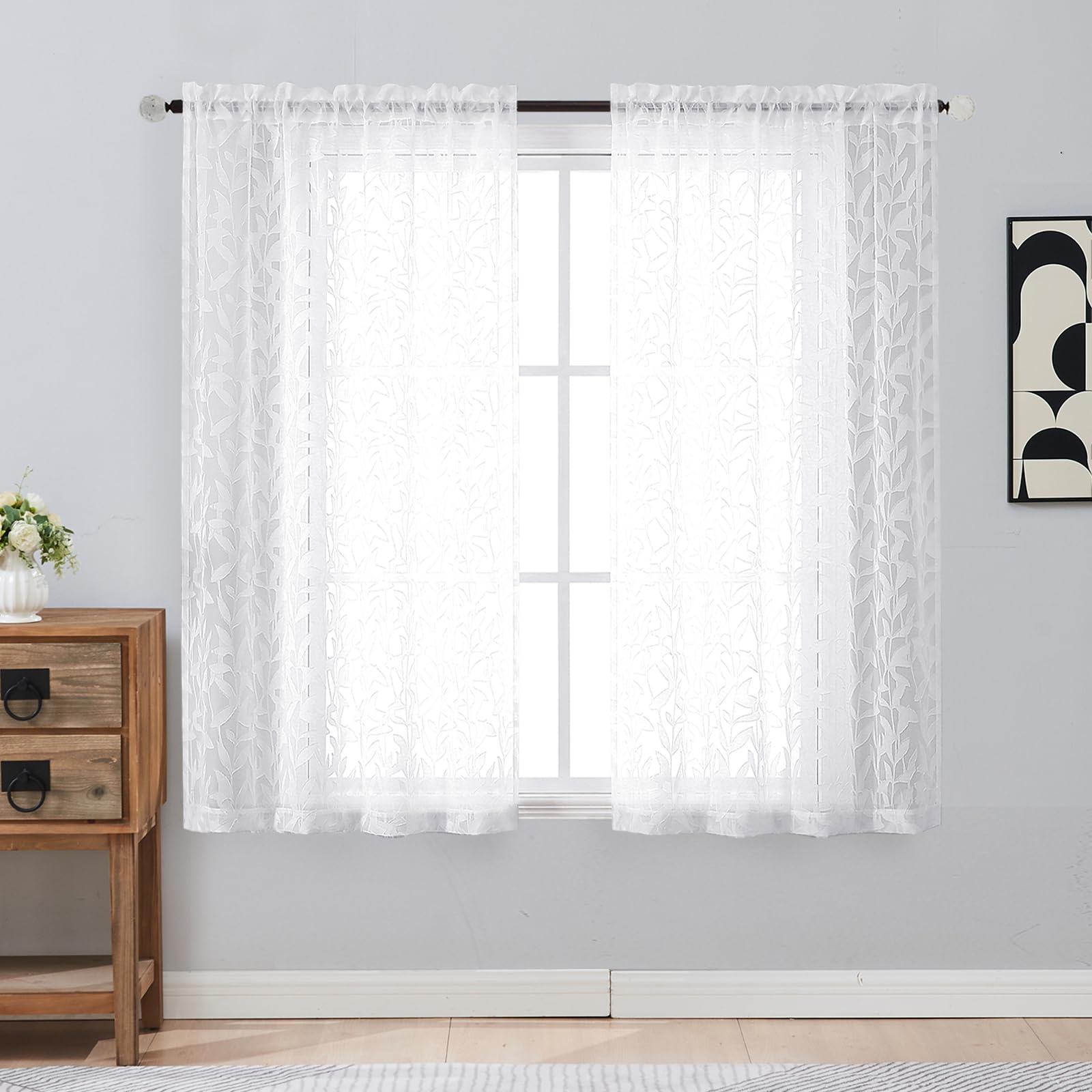 Gwine Sage Green Curtains 84 Inches Long 2 Panels Set, Light Filtering Soft Lightweight Sheer Curtains, Leaf Clip Jacquard Textured Curtain for Bedroom Living Room, 42Wx84L Inches, 2PCS