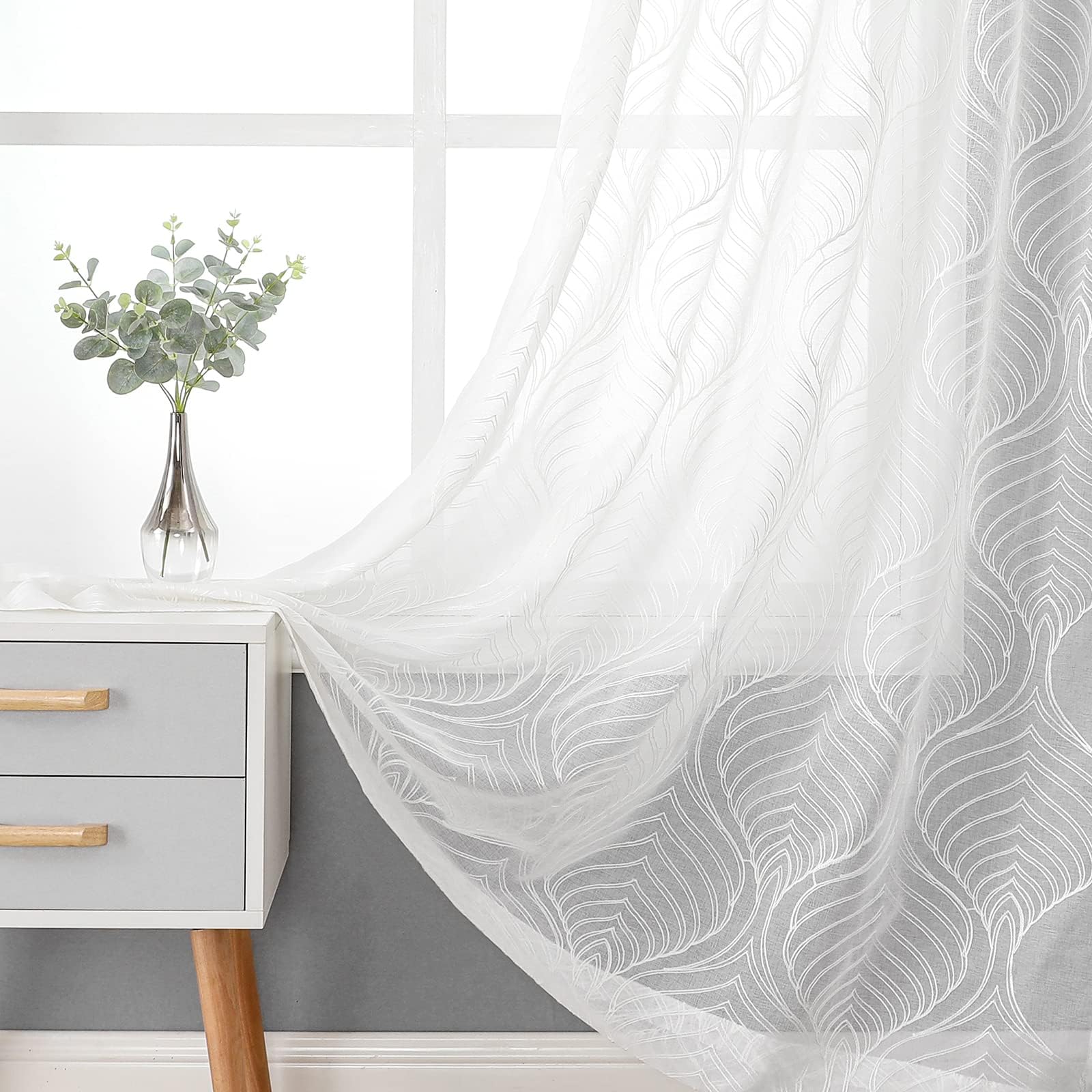 VISIONTEX White Sheer Curtains 84 Inches Long 2 Panels, Light Filtering Grey Moroccan Trellis Embroidered Semi Sheer Voile Drapes, Rod Pocket Textured Window Curtain for Bedroom Living Room 54W x 84L