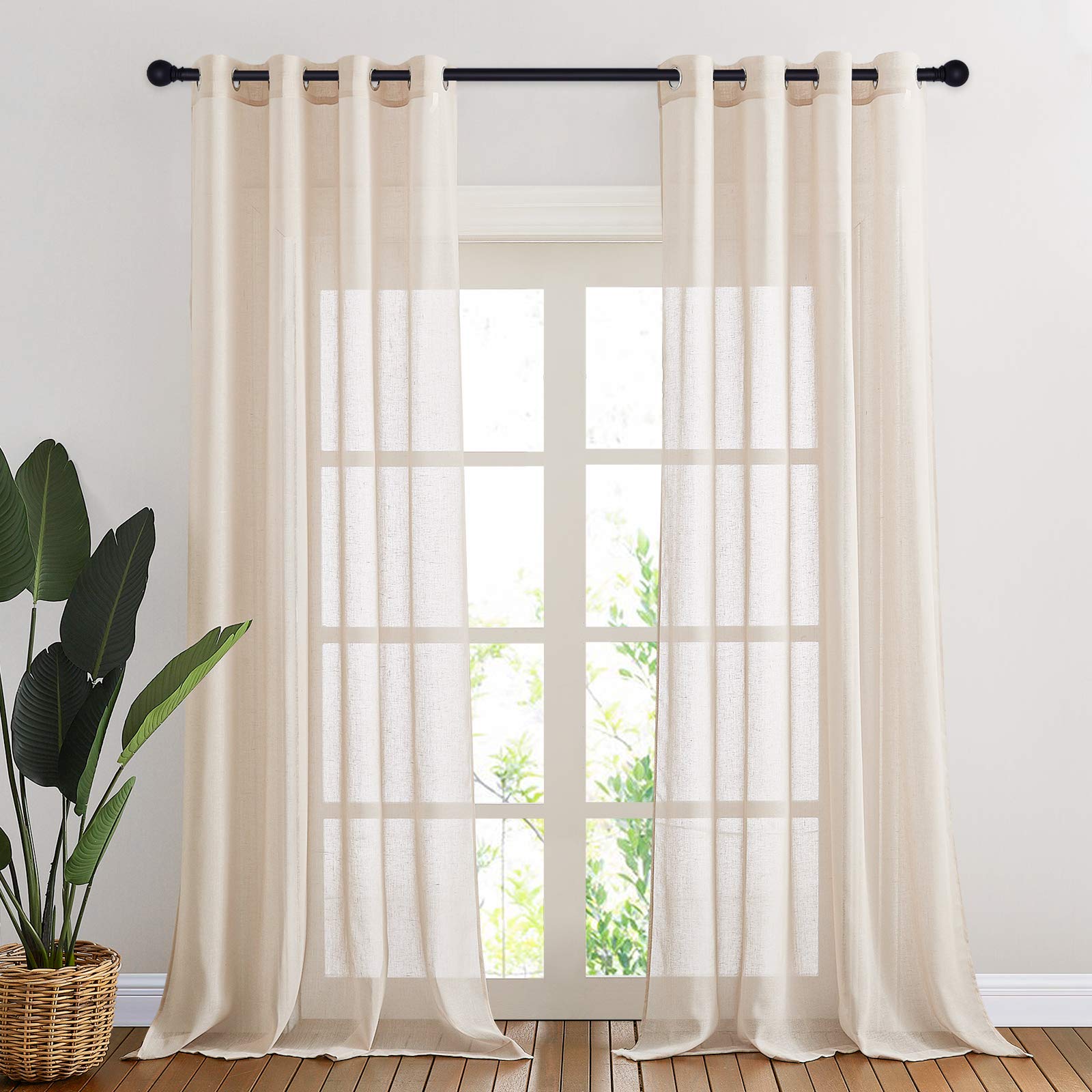 NICETOWN Linen Textured Semi Sheer Curtains 84 inches Length, Eyelet Top Bedroom Window Privacy Translucent Light Filtering Flax Sheer Drapes for Guest Room, 52 inches Wide, 2 Panels, Sea Mist