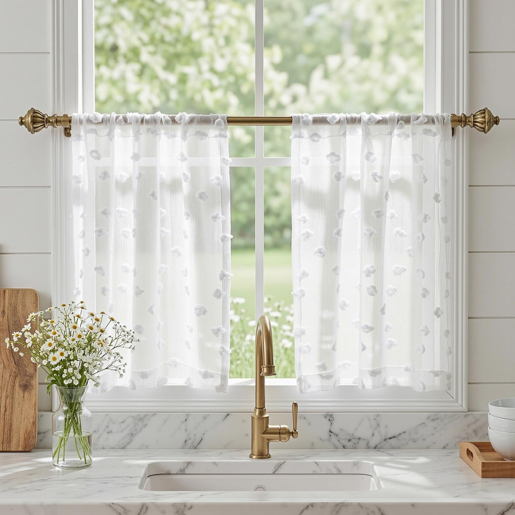 2 Panels 52"W x 84"L Dusty Rose Pom Pom Sheer Curtains Rod Pocket Light Filtering Boho Window Drapes for Girls Bedroom Nursery Kids Room