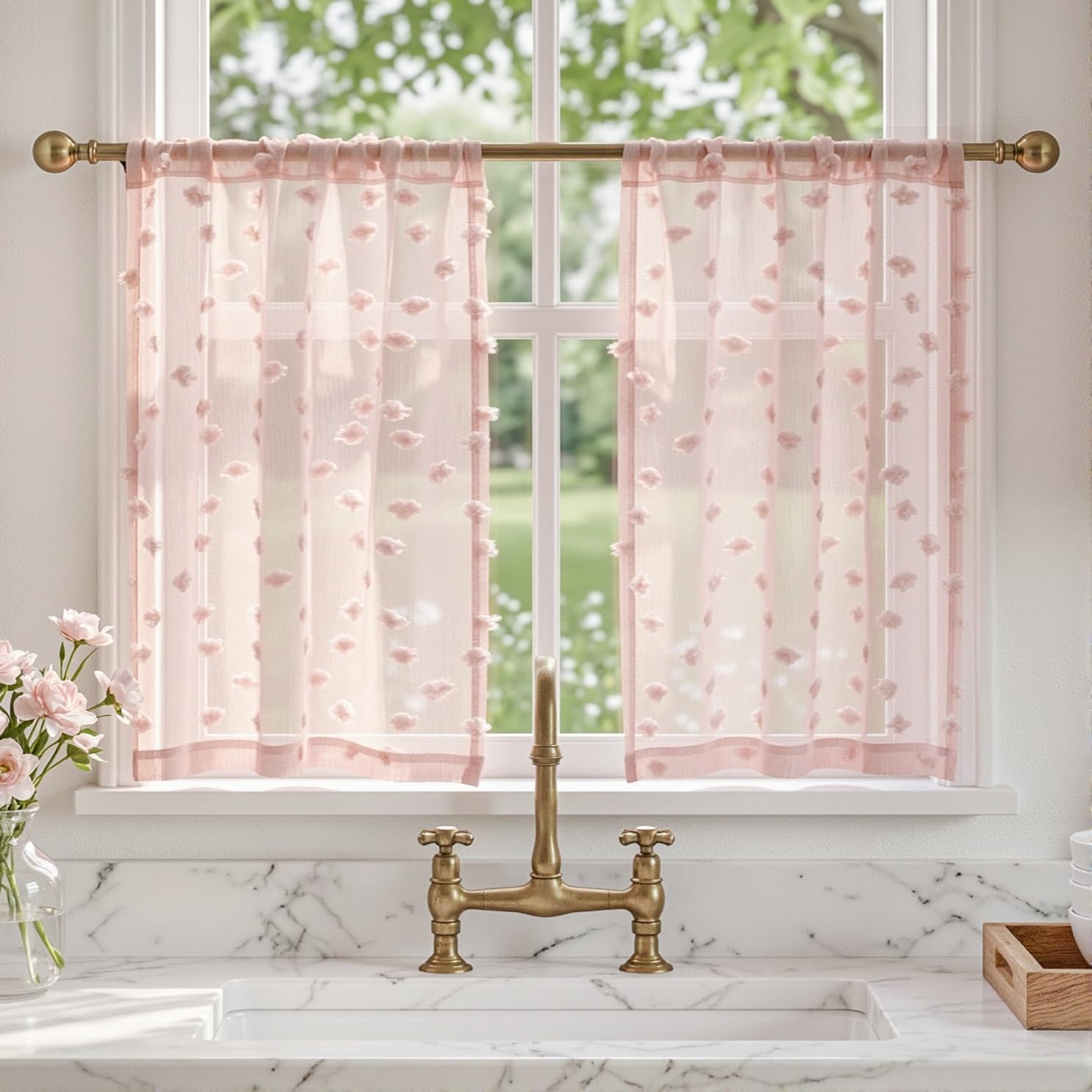 2 Panels 52"W x 84"L Dusty Rose Pom Pom Sheer Curtains Rod Pocket Light Filtering Boho Window Drapes for Girls Bedroom Nursery Kids Room