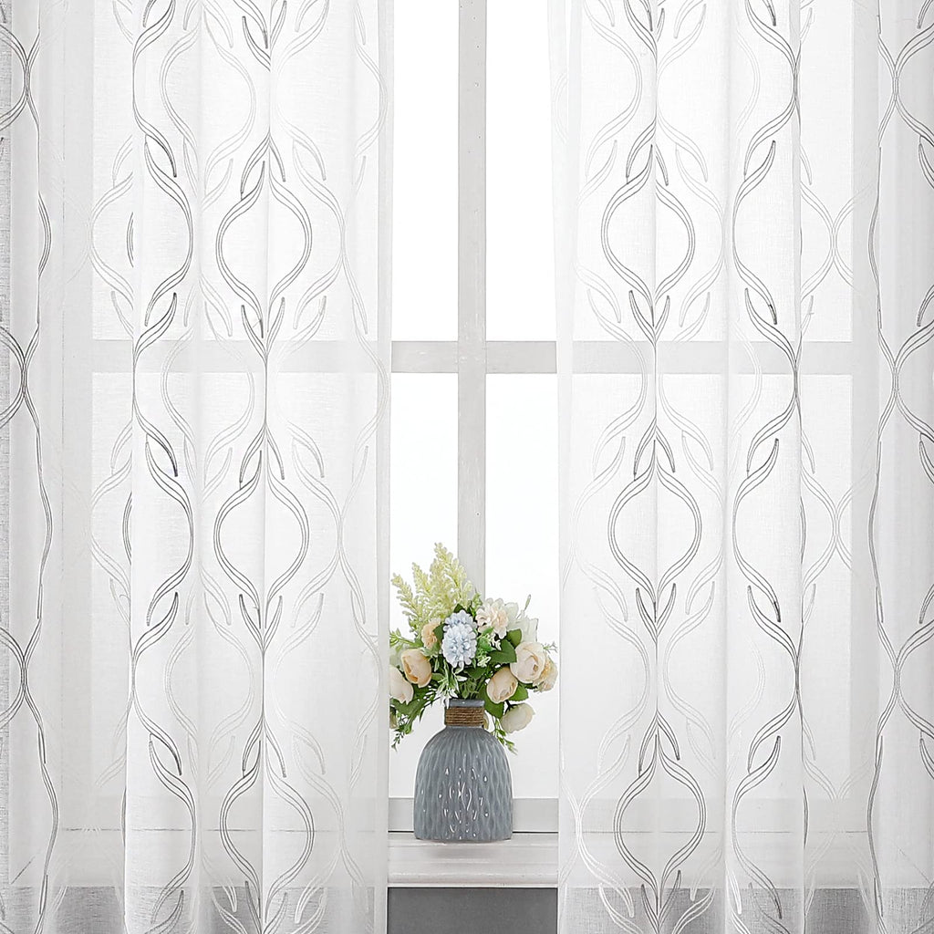 VISIONTEX White Sheer Curtains 84 Inches Long 2 Panels, Light Filtering Grey Moroccan Trellis Embroidered Semi Sheer Voile Drapes, Rod Pocket Textured Window Curtain for Bedroom Living Room 54W x 84L