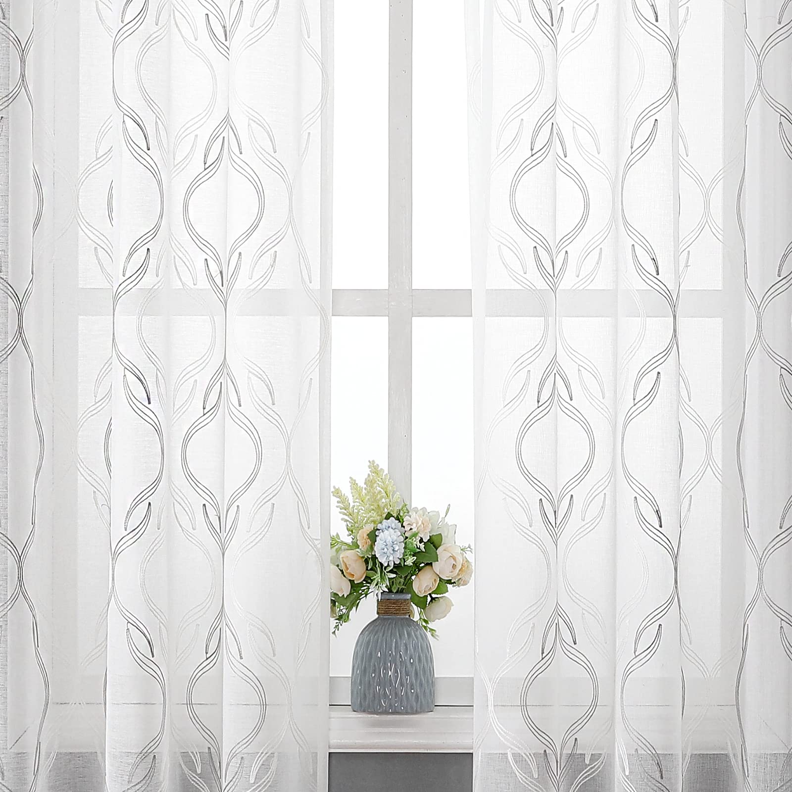 VISIONTEX White Sheer Curtains 84 Inches Long 2 Panels, Light Filtering Grey Moroccan Trellis Embroidered Semi Sheer Voile Drapes, Rod Pocket Textured Window Curtain for Bedroom Living Room 54W x 84L