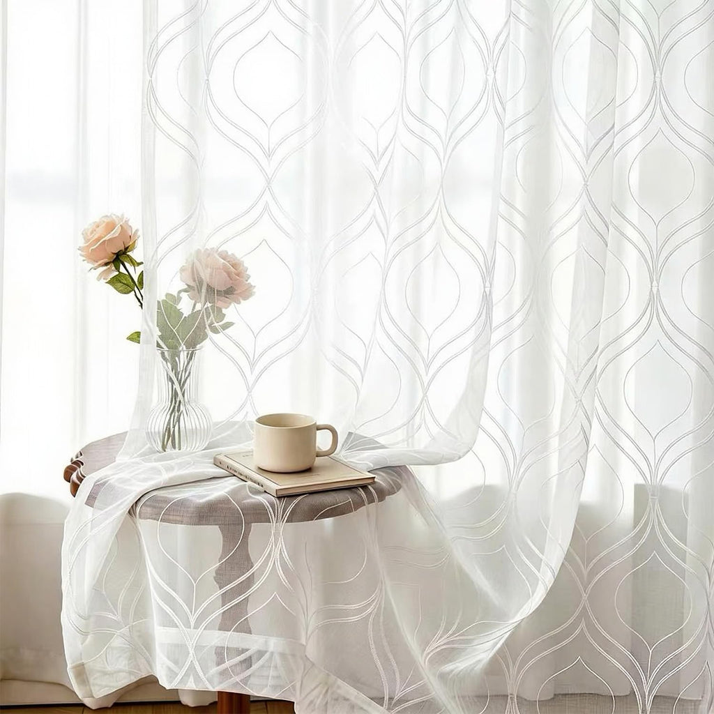 VISIONTEX White Sheer Curtains 84 Inches Long 2 Panels, Light Filtering Grey Moroccan Trellis Embroidered Semi Sheer Voile Drapes, Rod Pocket Textured Window Curtain for Bedroom Living Room 54W x 84L