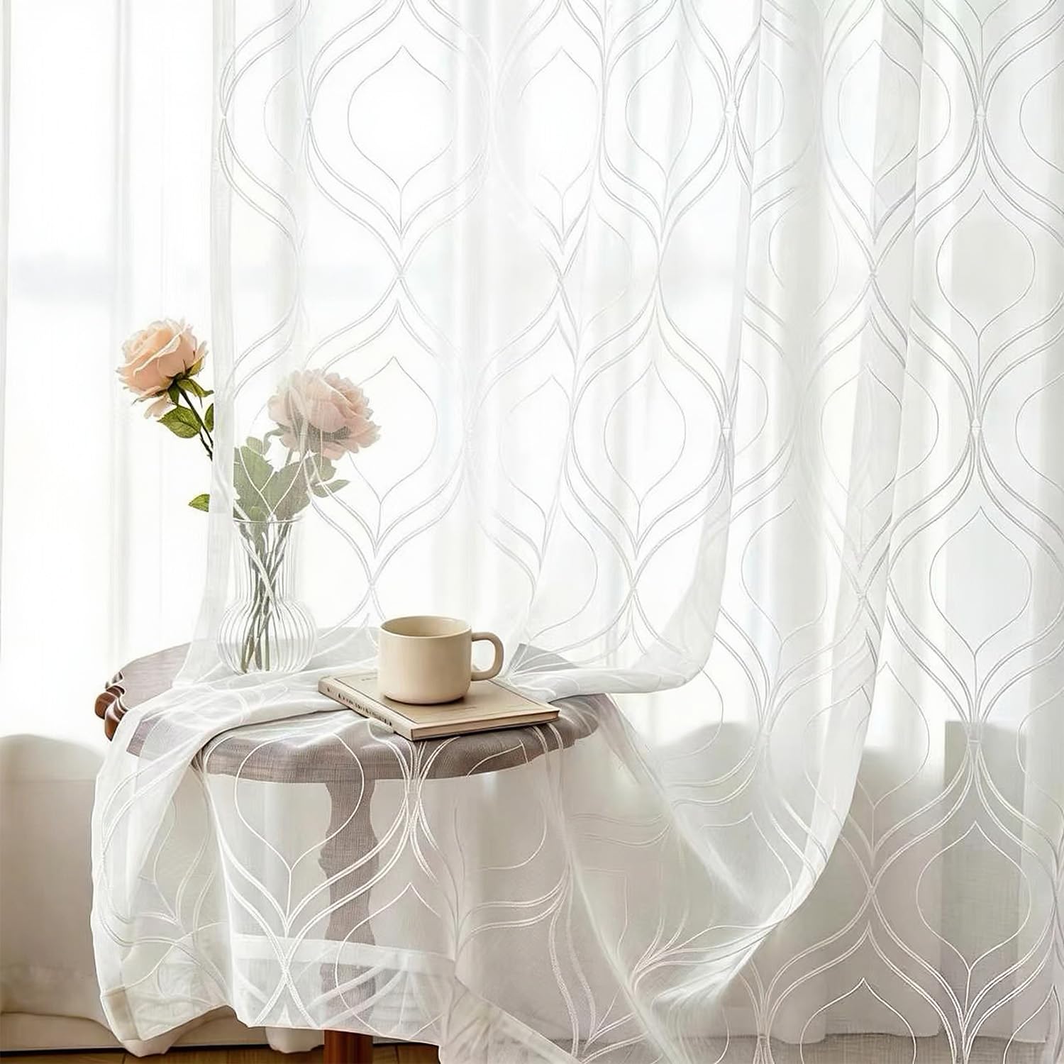 VISIONTEX White Sheer Curtains 84 Inches Long 2 Panels, Light Filtering Grey Moroccan Trellis Embroidered Semi Sheer Voile Drapes, Rod Pocket Textured Window Curtain for Bedroom Living Room 54W x 84L