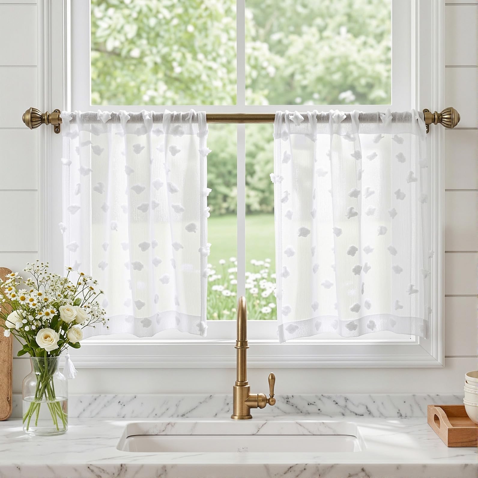 2 Panels 52"W x 84"L Dusty Rose Pom Pom Sheer Curtains Rod Pocket Light Filtering Boho Window Drapes for Girls Bedroom Nursery Kids Room