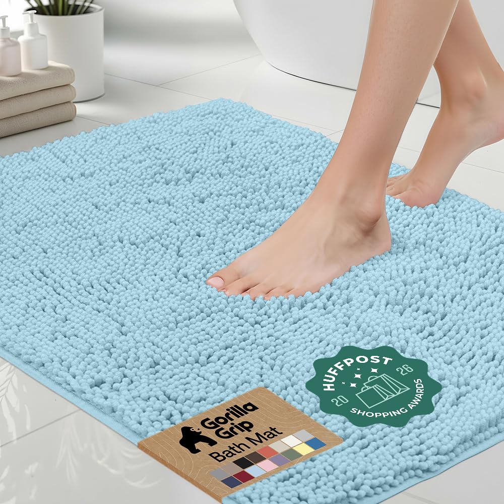 GORILLA GRIP Bath Rug Mat, Thick Soft Absorbent Chenille, Quick Dry Microfiber Mats, Rubber Backing, Machine Washable Shower Floor Rugs, Bathroom Bathmat Home Decor Accessories, 24x17 Grey