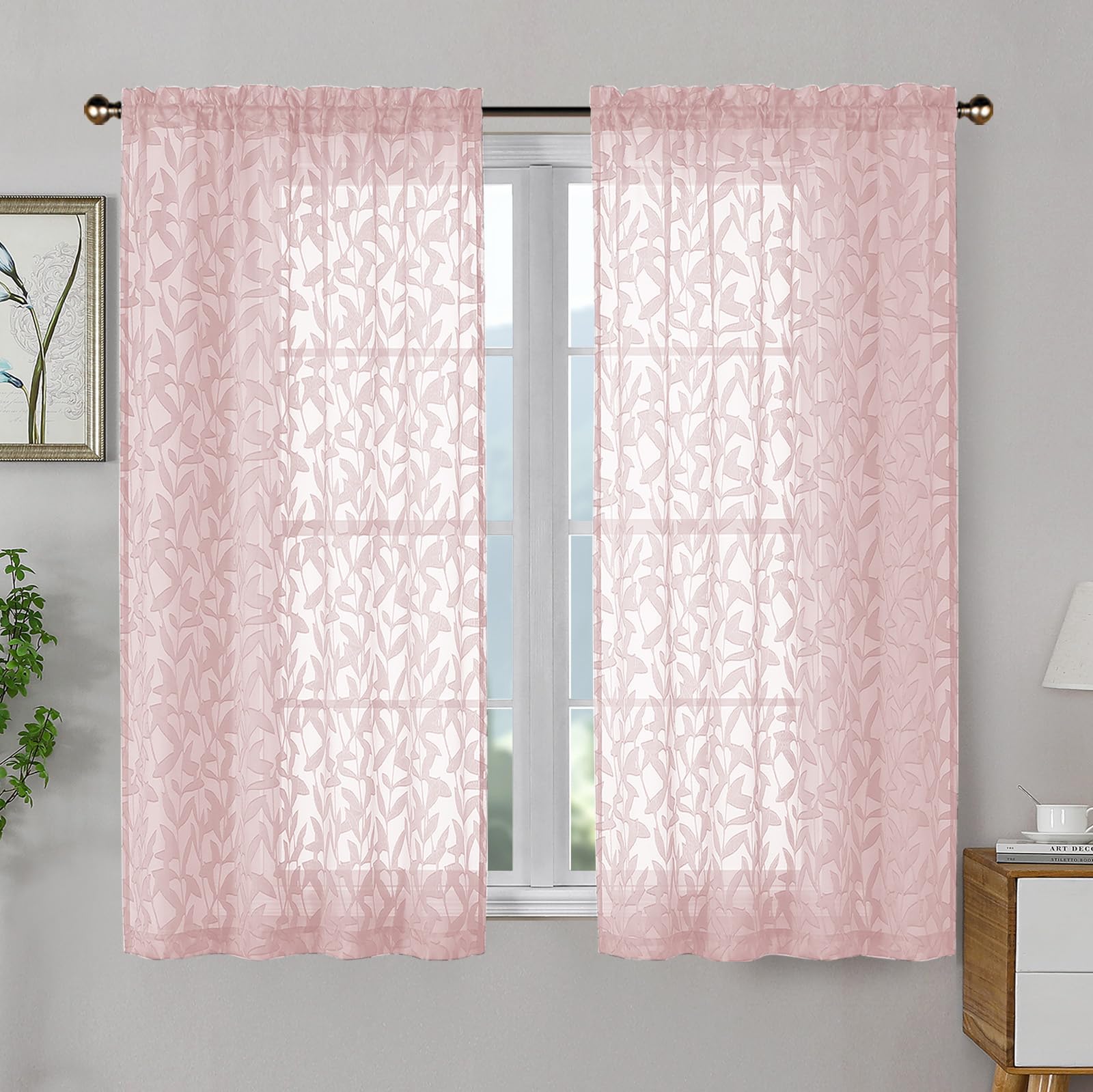 OWENIE Leyna 2 Panels Sage Green Sheer Curtains 63 Inch Length for Bedroom, Soft Lightweight Jacquard Clip Window Curtain for Living Room, Double Rod Pockets Textured Drapes, Each 40Wx63L Inches